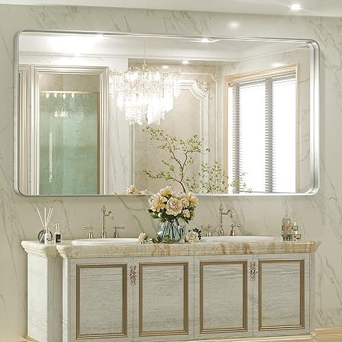 TETOTE Espejo de baño plateado de 72 x 36 pulgadas espejos rectangulares con marco de metal para tocador espejo grande de esquina redonda moderno de