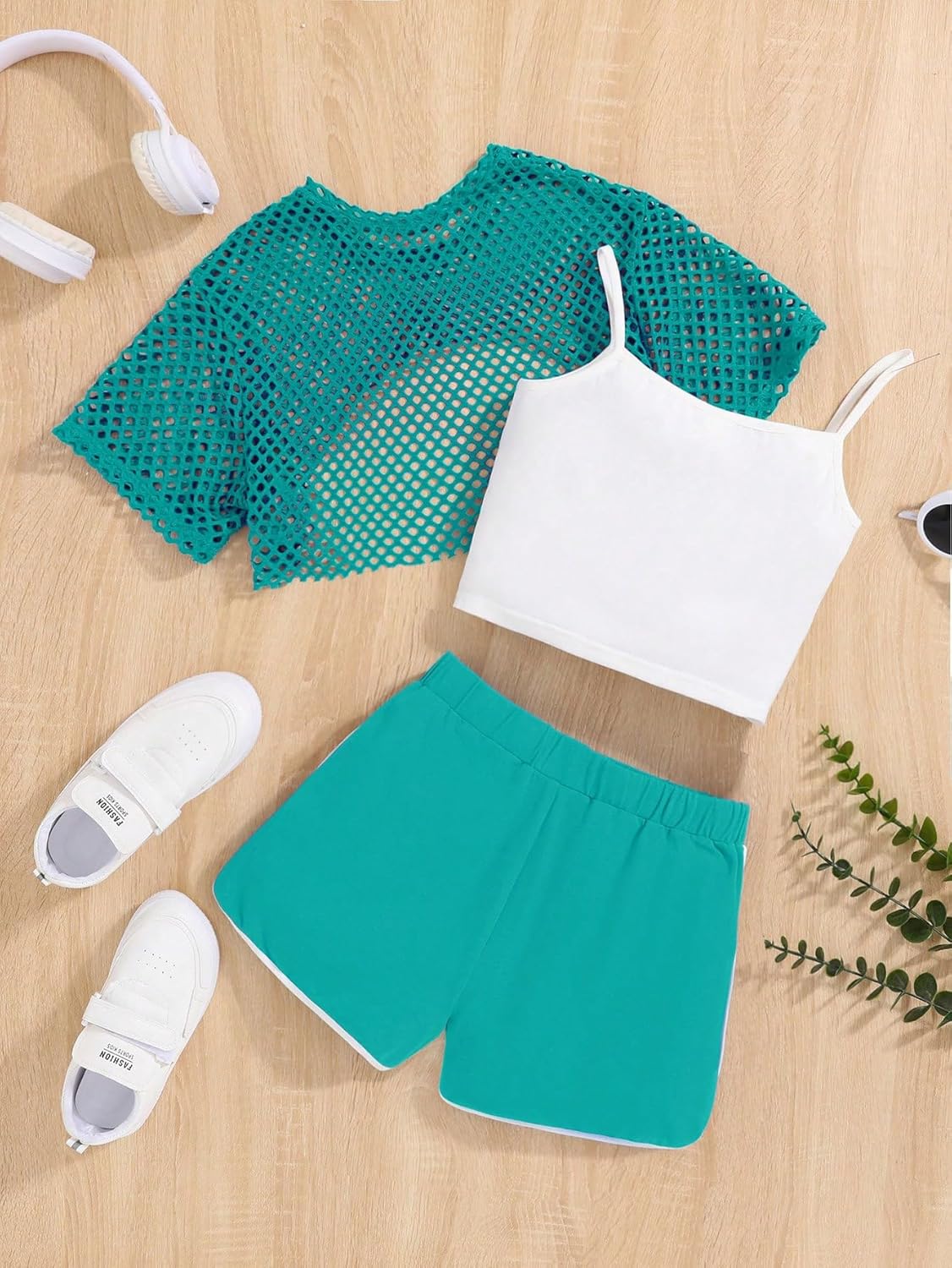 Verdusa Girl's 3 Piece Cute Outfits Letter Print Cami Top Track Shorts Short Sleeve Hollow Out Tee - Image 2