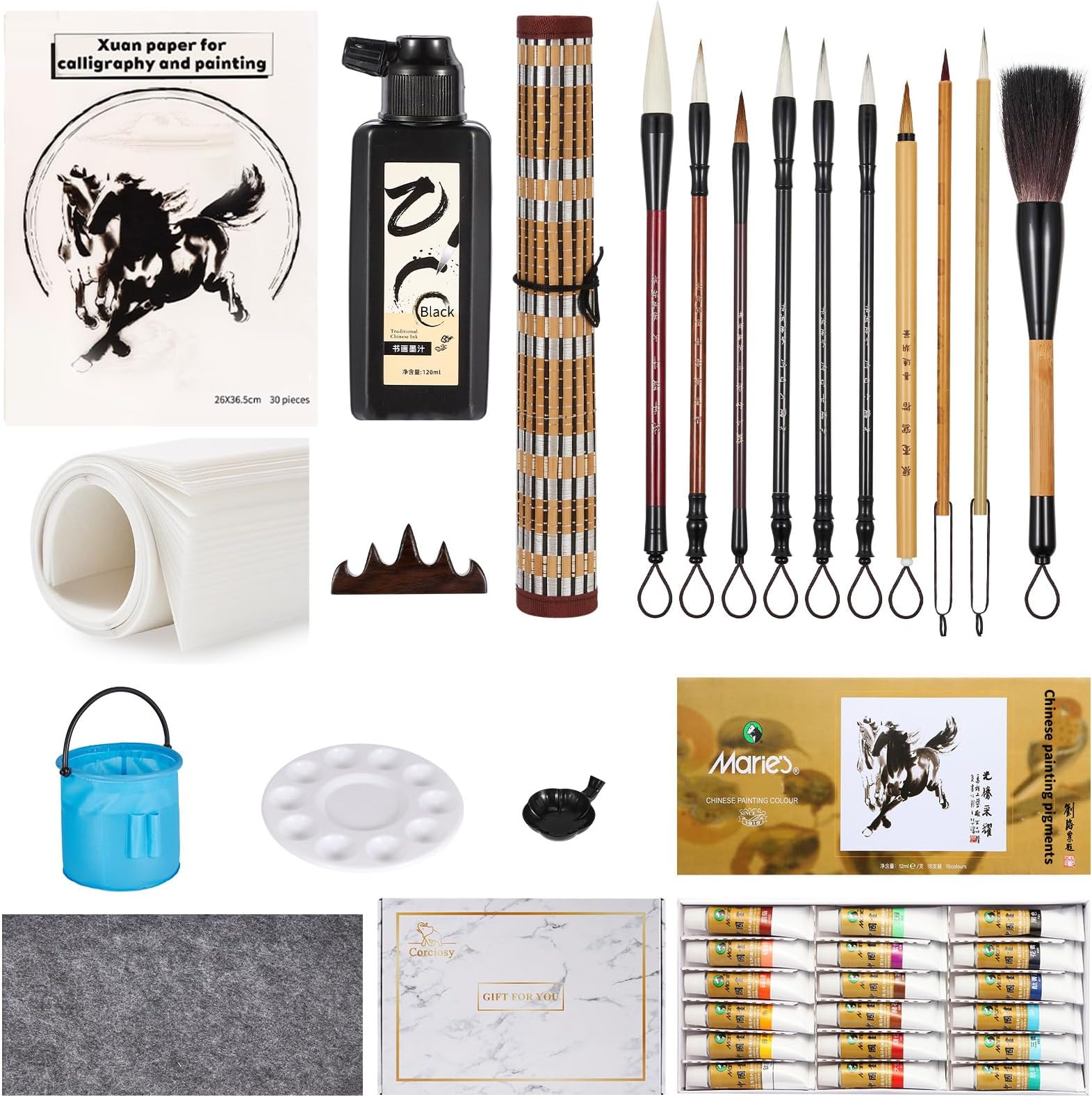 Corciosy Chinese Calligraphy Brushes Set, Professional Sumi Watercolor Brushes Set, Japanese Painting Set for Beginners
