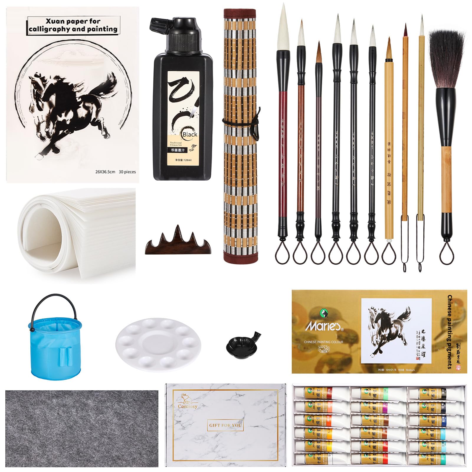 Corciosy Chinese Calligraphy Brushes Set, Professional Sumi Watercolor Brushes Set, Japanese Painting Set for Beginners,Gift for Christams and New Year