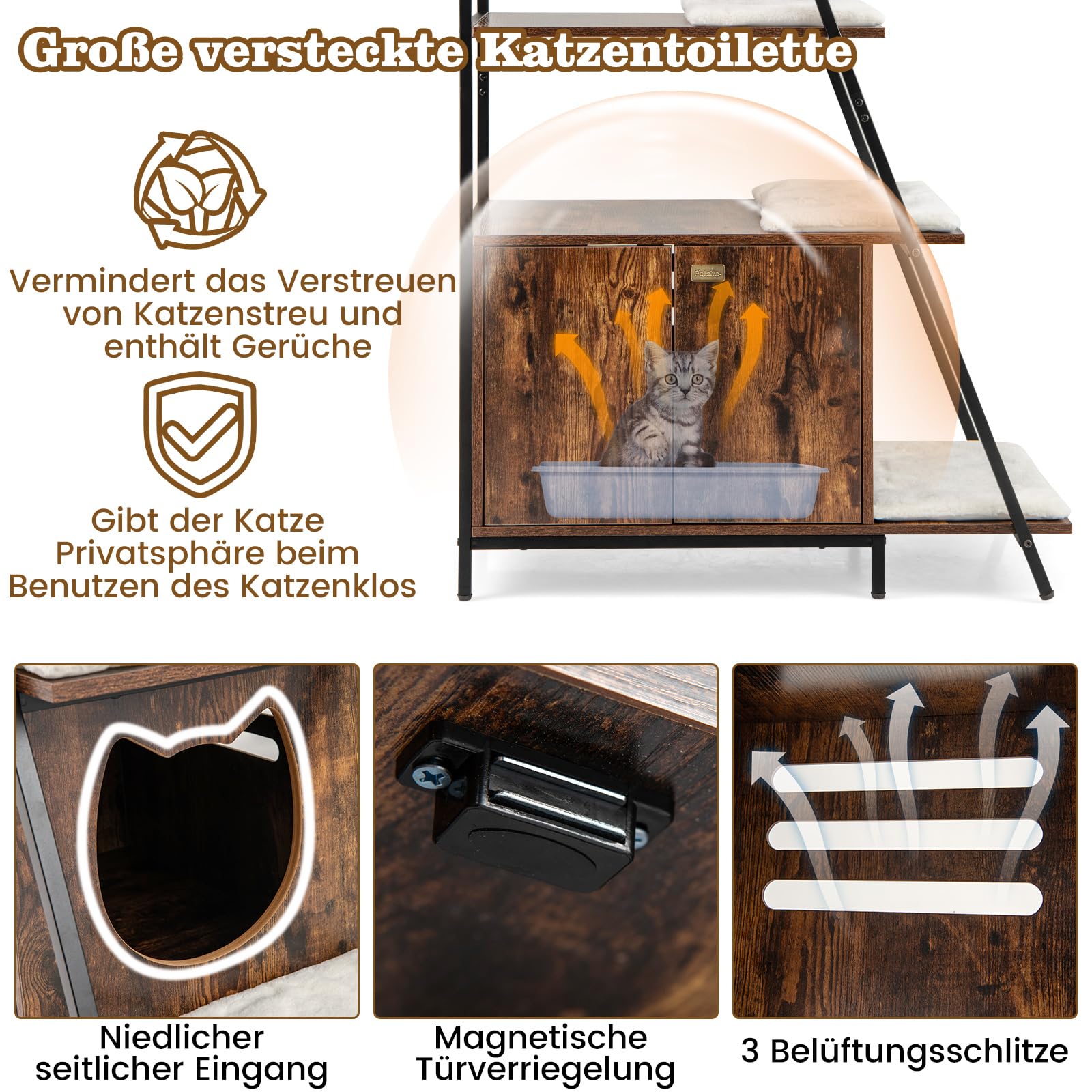 Kattenbakkast Met Opbergruimte 2-In-1 Kattenmeubel 3 Planken Ladder Zij Ingang Uitneembare Pluchen Mat Hoekplank Voor Huisdieren