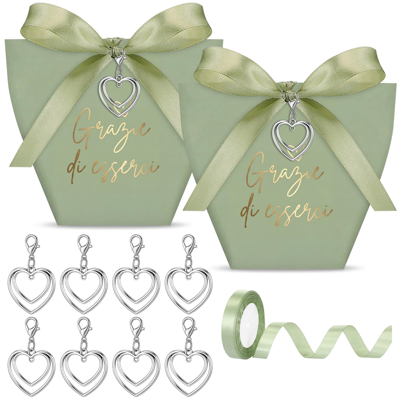 50 Set Scatoline Portaconfetti Matrimonio Bomboniere Comunione con Nastro Ciondolo Cuore Sacchetti Confetti Scatoline Regalo Battesimo Cresima Fidanzamento Nozze Compleanno Grazie(Verde Salvia)