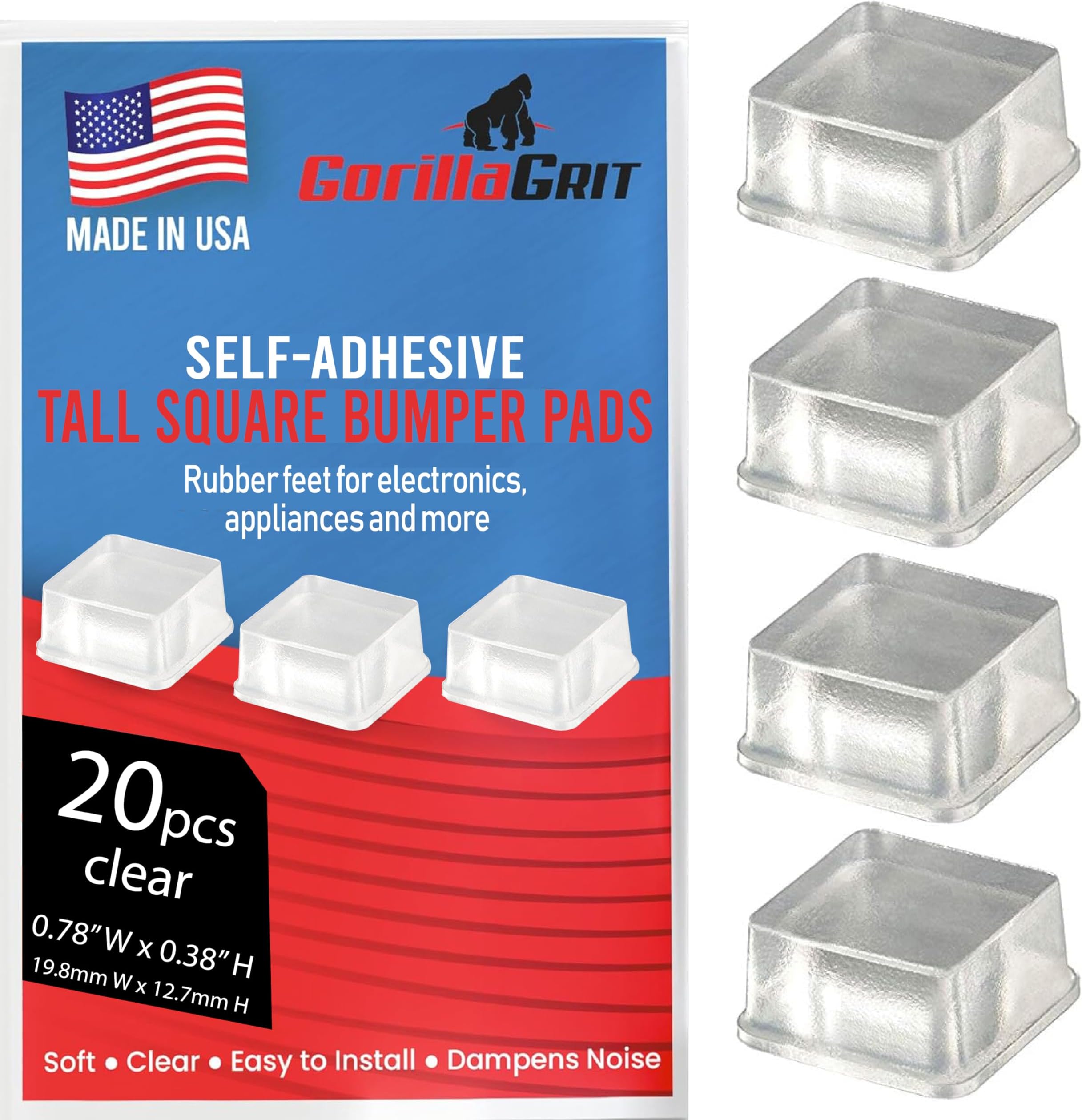 Clear Tall Square Adhesive Rubber Bumper Pads Made in USA Rubber