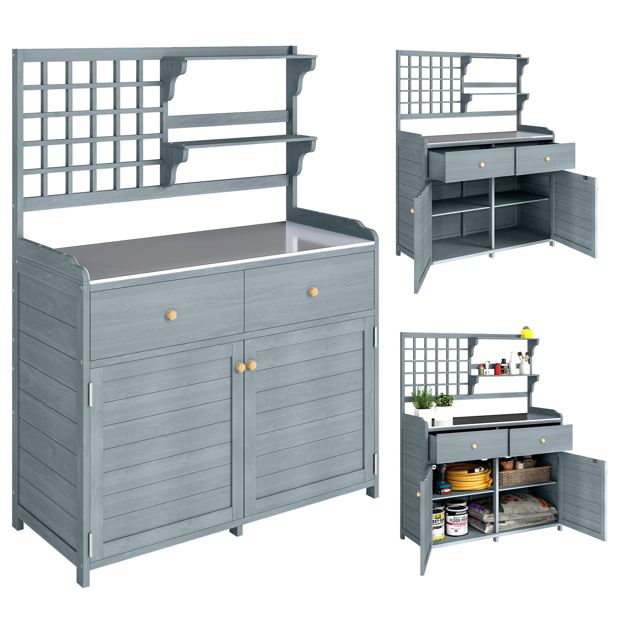Outsunny Pflanztisch mit Unterschrank aus Holz Outdoor Gartenschrank mit verzinkter Arbeitsplatte 2 Schubladen wetterfest Gärtnertisch Geräteschrank für Garten Balkon Terrasse 104x44x140 cm Hellgrau