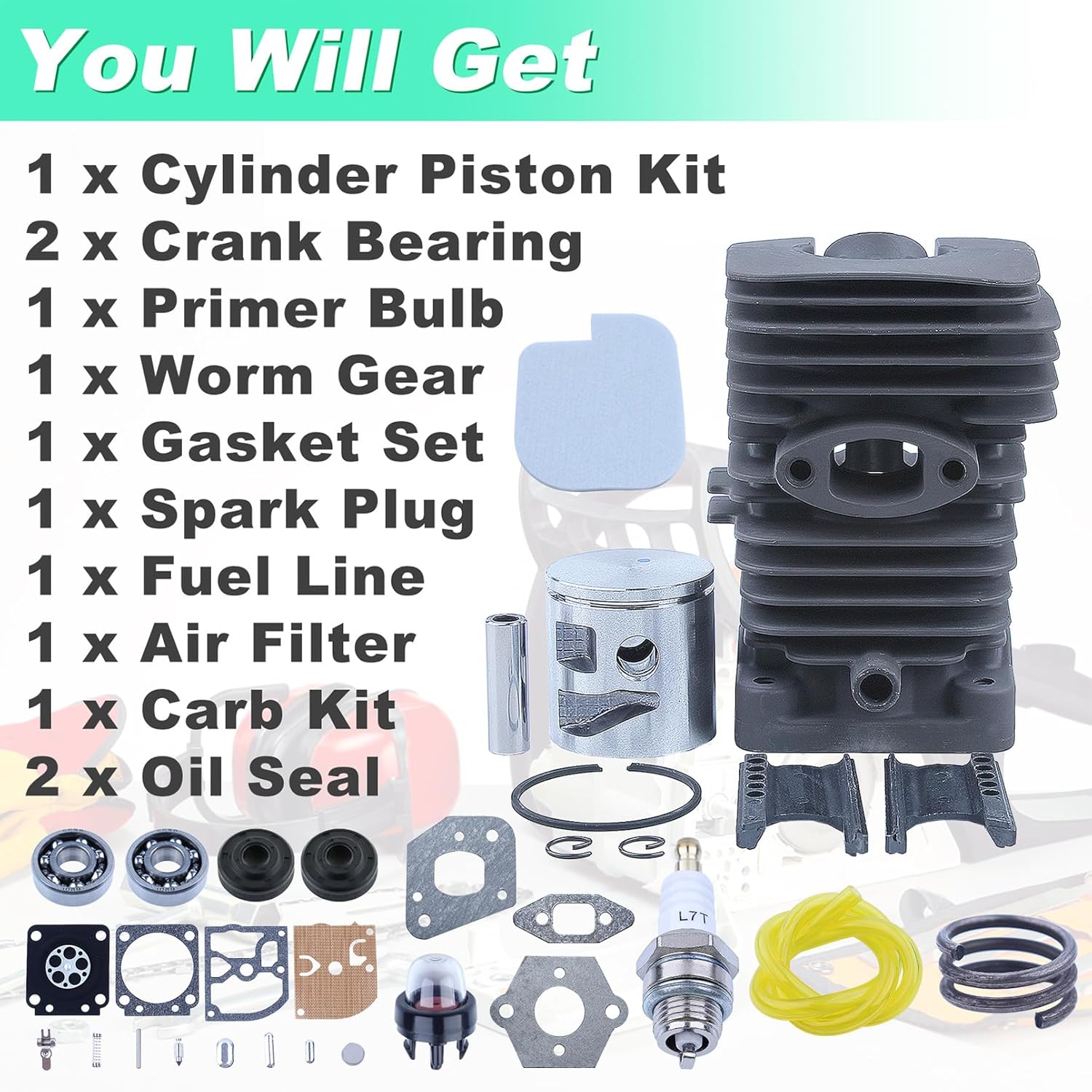 Adefol Chainsaw 41mm Cylinder Piston Kit for Poulan P3314 P3416 P3816 P3516PR with Spark Plug, Primer Bulb, Gasket Set, Carb Kit, Air Filter Fuel Line, Worm Gear, Crank Bearing, Oil Seal Parts