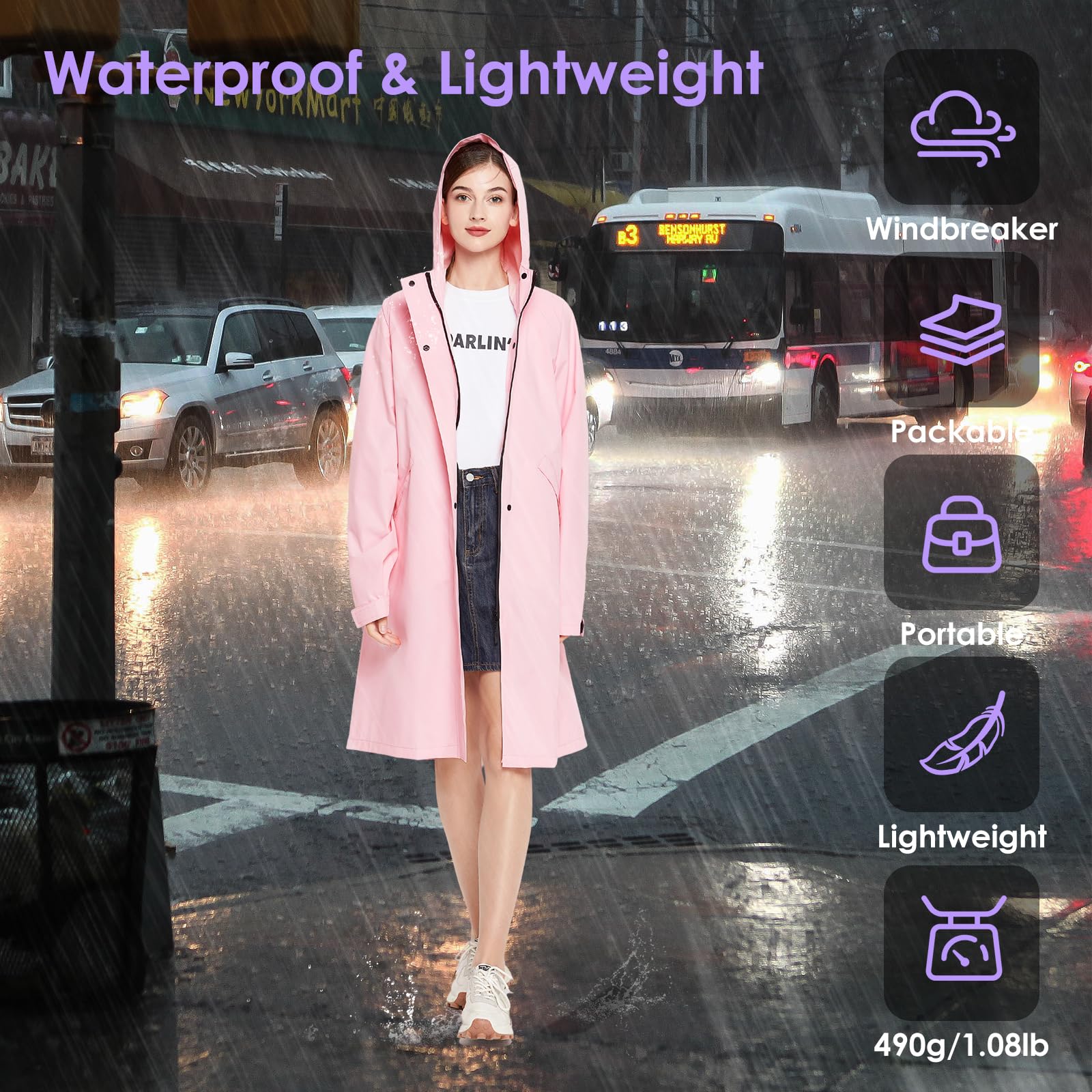 LAMA Long manteau de pluie pour femme, manteau de pluie léger avec capuche, veste de pluie imperméable, vêtement de pluie pliable