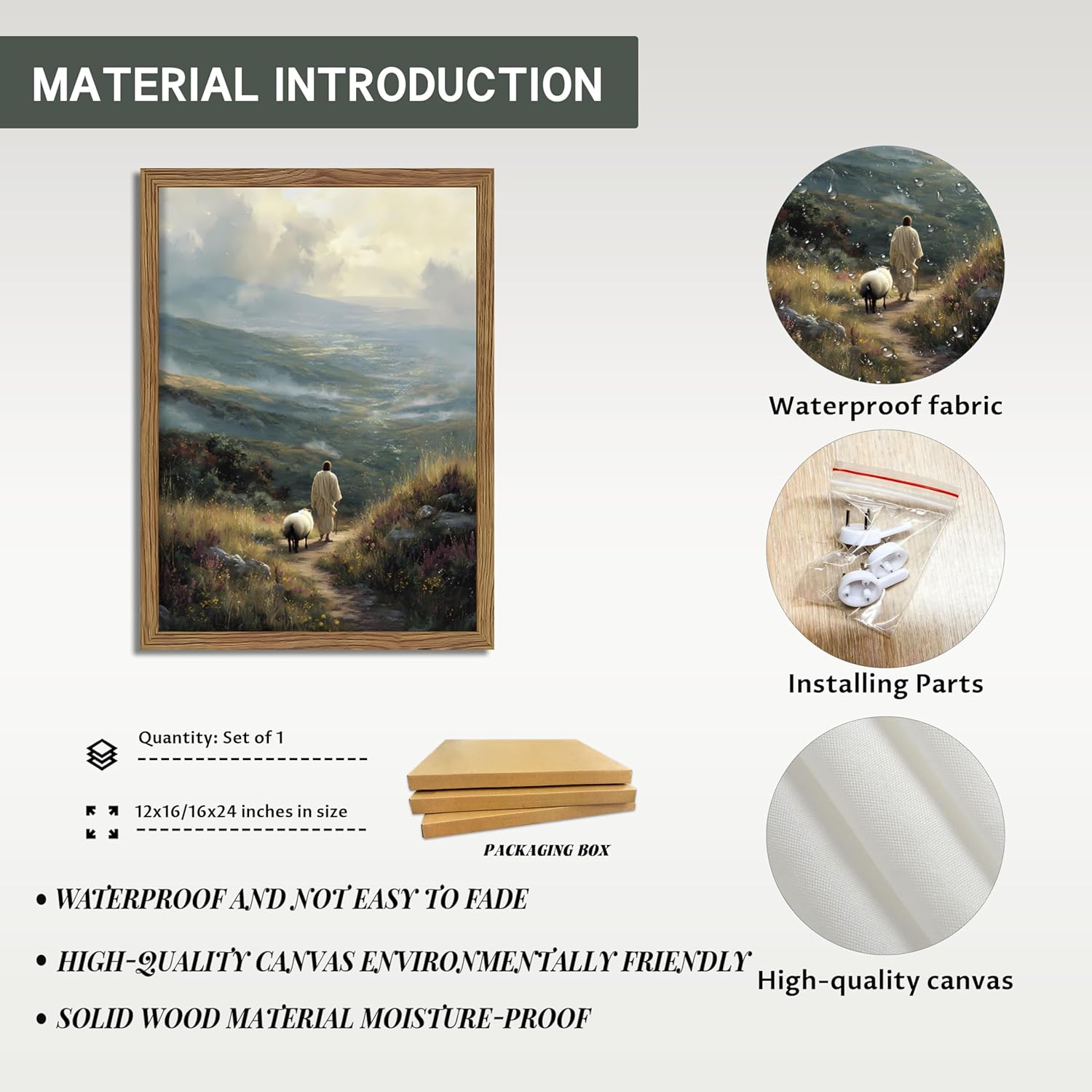 Framed Christian Wall Art Jesus Pictures Canvas Prints, Vintage Jesus Shepherding Gifts of Christian, Religion Wall Decor Painting, Religious Artwork for Bedroom Prayer Room – 12x16in
