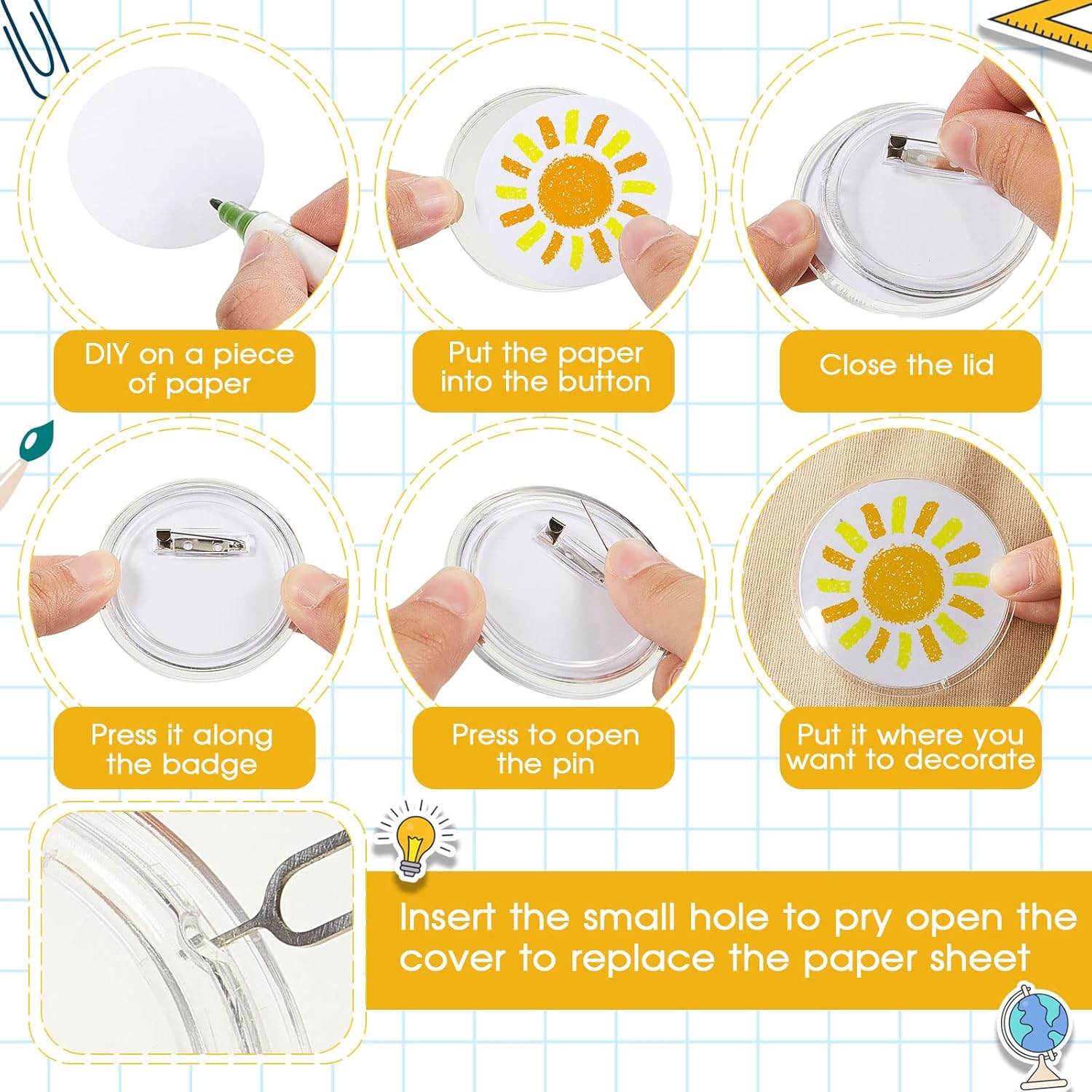 Yilloog 100 Pcs 2.25 Inch Acrylic Clear Buttons with 200 Paper 20 Sim Card Removal Tool Make Your Own Buttons Pin Clear Acrylic Design Badge for DIY Craft Activities