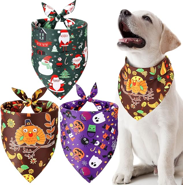 Xuniea 3 Pack Festival Dog Bandana Holiday Bandanas Soft Triangle Adjustable Bibs Washable Halloween for Christmas and Thanksgiving Small Medium Large Dogs Cats Pets
