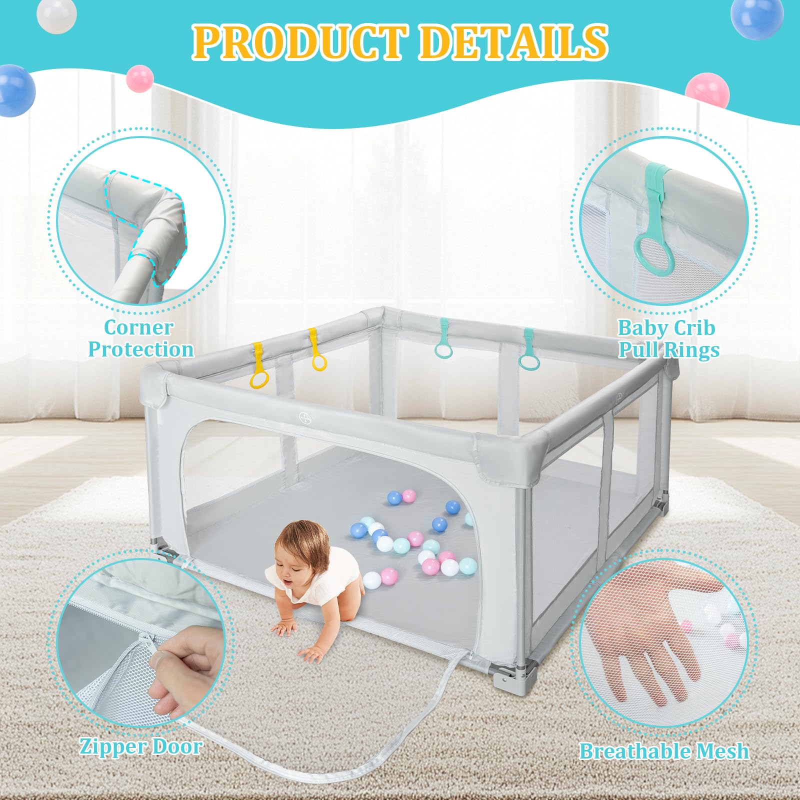 Growithu Recinto per Bambini Pieghevole 127x127cm: Box Bambini per Interni ed Esterni - Box Neonato con Borsa da Viaggio, 20 Palline e 4 Anello di Trazione