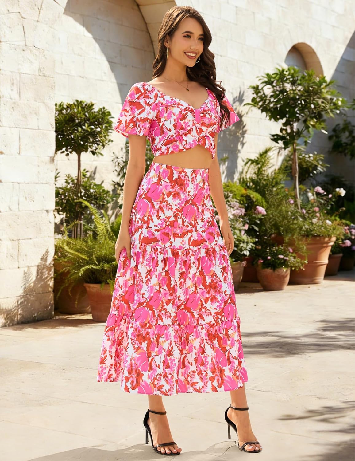 DRESSTELLS Women's 2 Piece Outfits, Floral Top Skirt Set, Long Spring Easter Vacation Beach Sets - Image 4