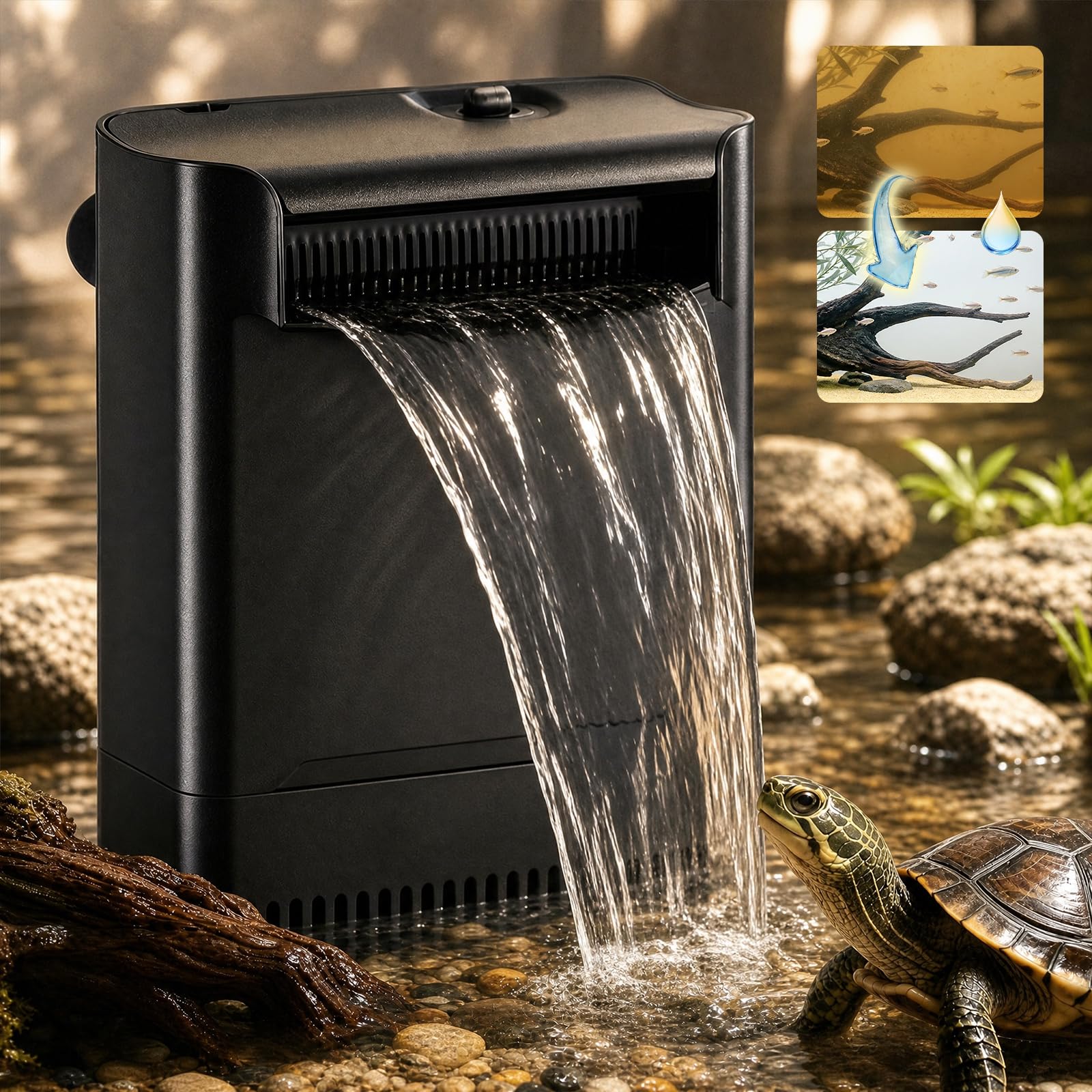Turtle Tank Filter Aquarium Filter Power Adjustable 20-75 Gal. 290GPH Large 3-Stage w/ Resin Filter Media Low Water Level Waterfall for Fresh and Saltwater Fish Tank Reptile Shrimp Frog Yellow Odor