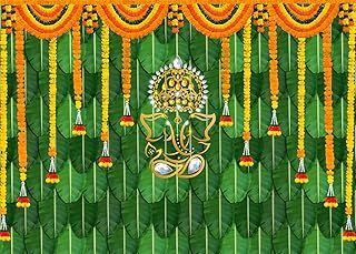 7x5 FT Pooja Backdrop Indian Ganpati Puja Traditional Chatiya Ganesh Mehndi Background Indian Decorations for Pooja Festival Wedding Party Marigold Garlands Photo Booth Props Banner