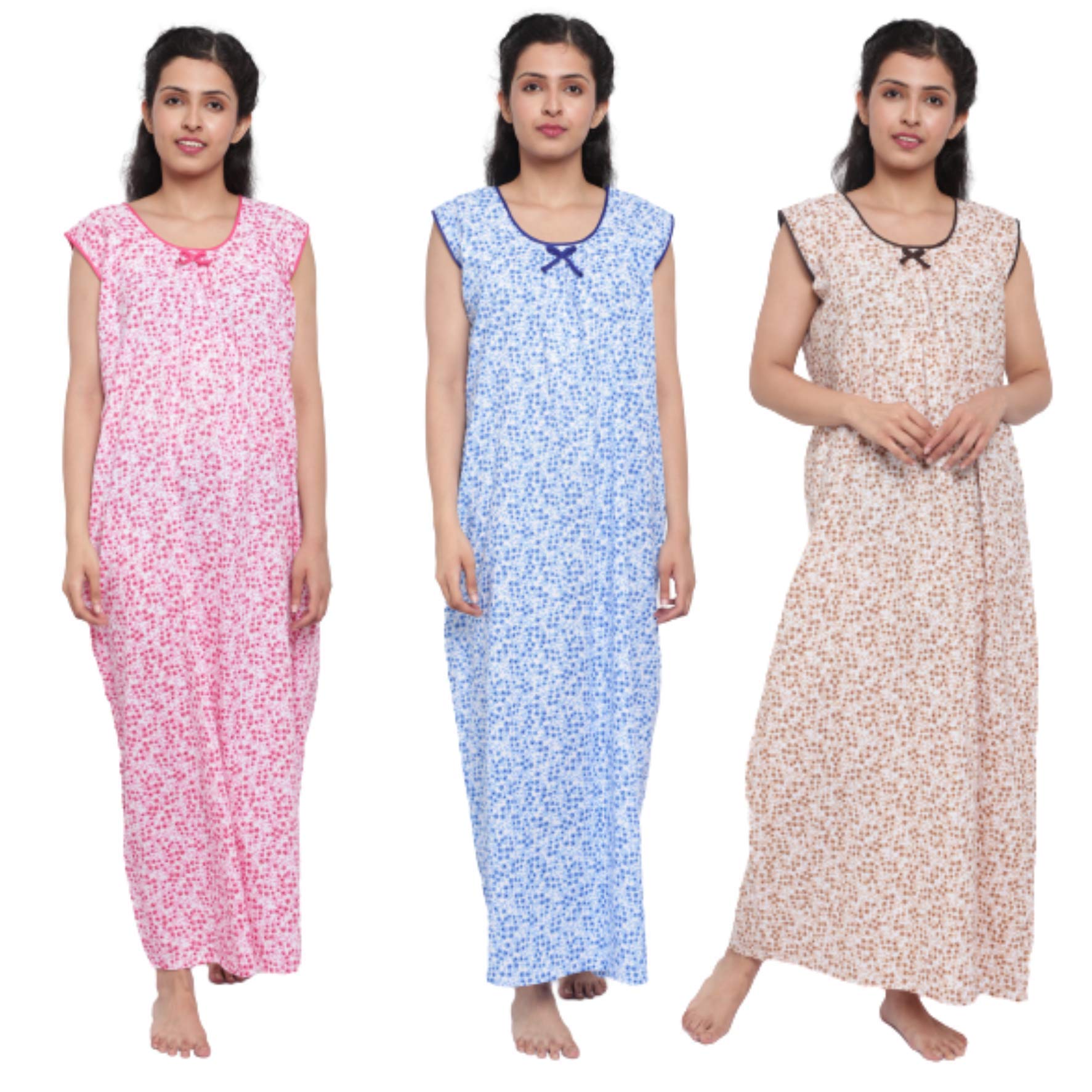 CIERGE Women's Cotton Sleeveless Nighty (Multicolour, Free Size) - Pack of 3