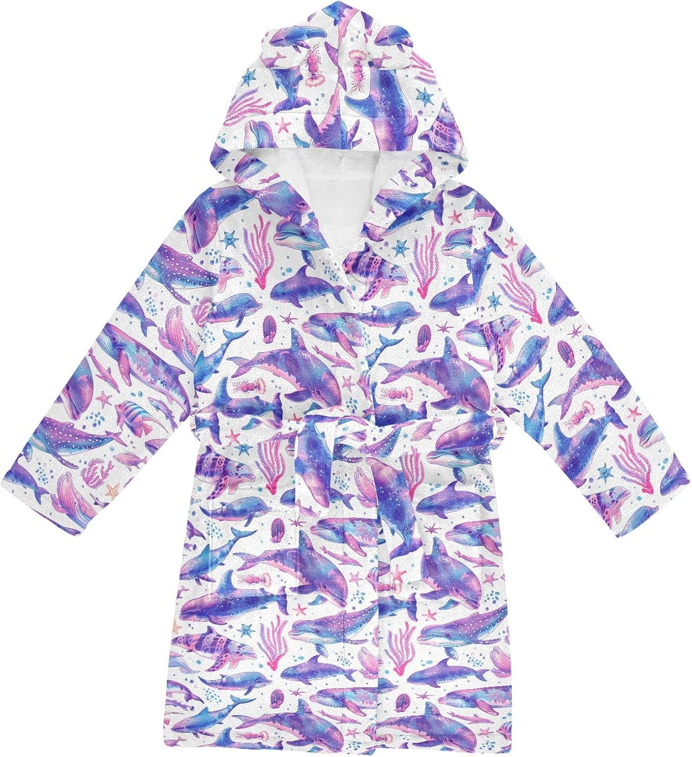senya Purple Magic Marine Animals Toddler Hooded Bathrobe Kids Soft Plush Bath Towel Robes for Boys Girls 2-12 Years