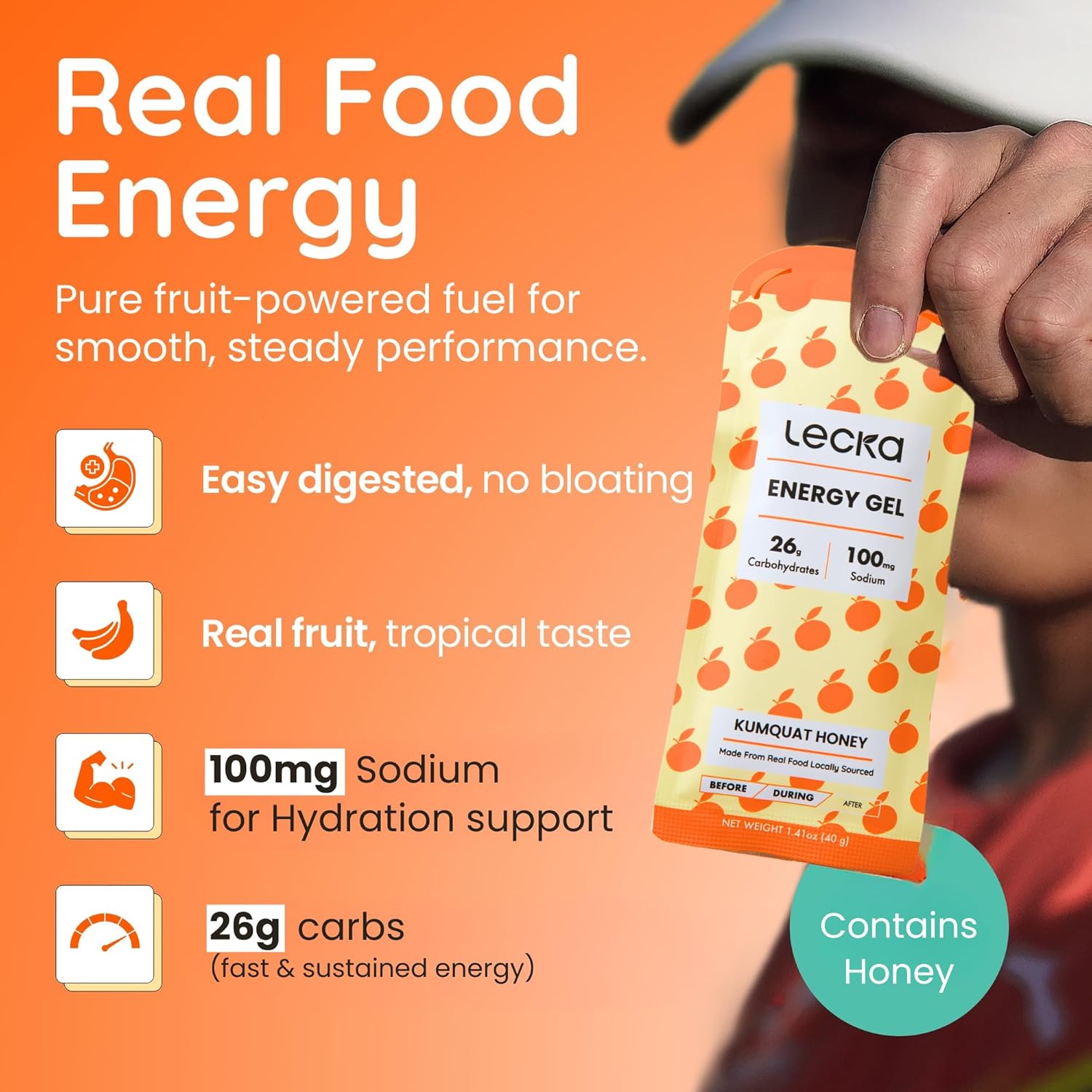 Lecka Natural Energy Gels – Maltodextrin-Free Running Fuel for Sensitive Stomachs – 27g Carbs from Real Fruit & Basil Seeds – High-Electrolyte Marathon & Ultra (Kumquat Honey, 12 Pack)