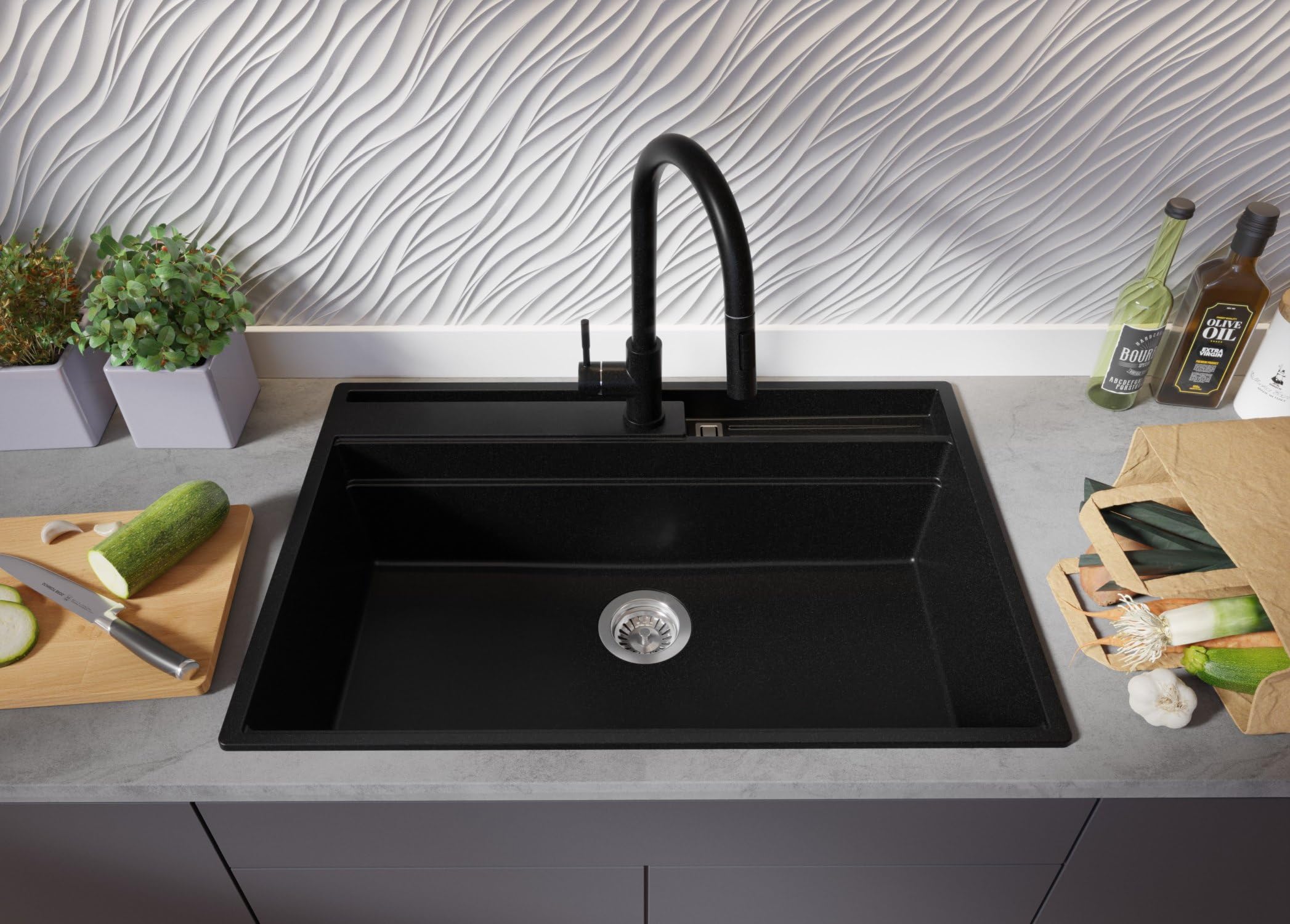 PRIMAGRAN Lavello da Cucina Nero 78x53cm, Lavandino in Granito a 1 vasca + Sifone Classico, Lavabo da Cucina Incasso al Mobile 80cm - Oslo Pocket S335