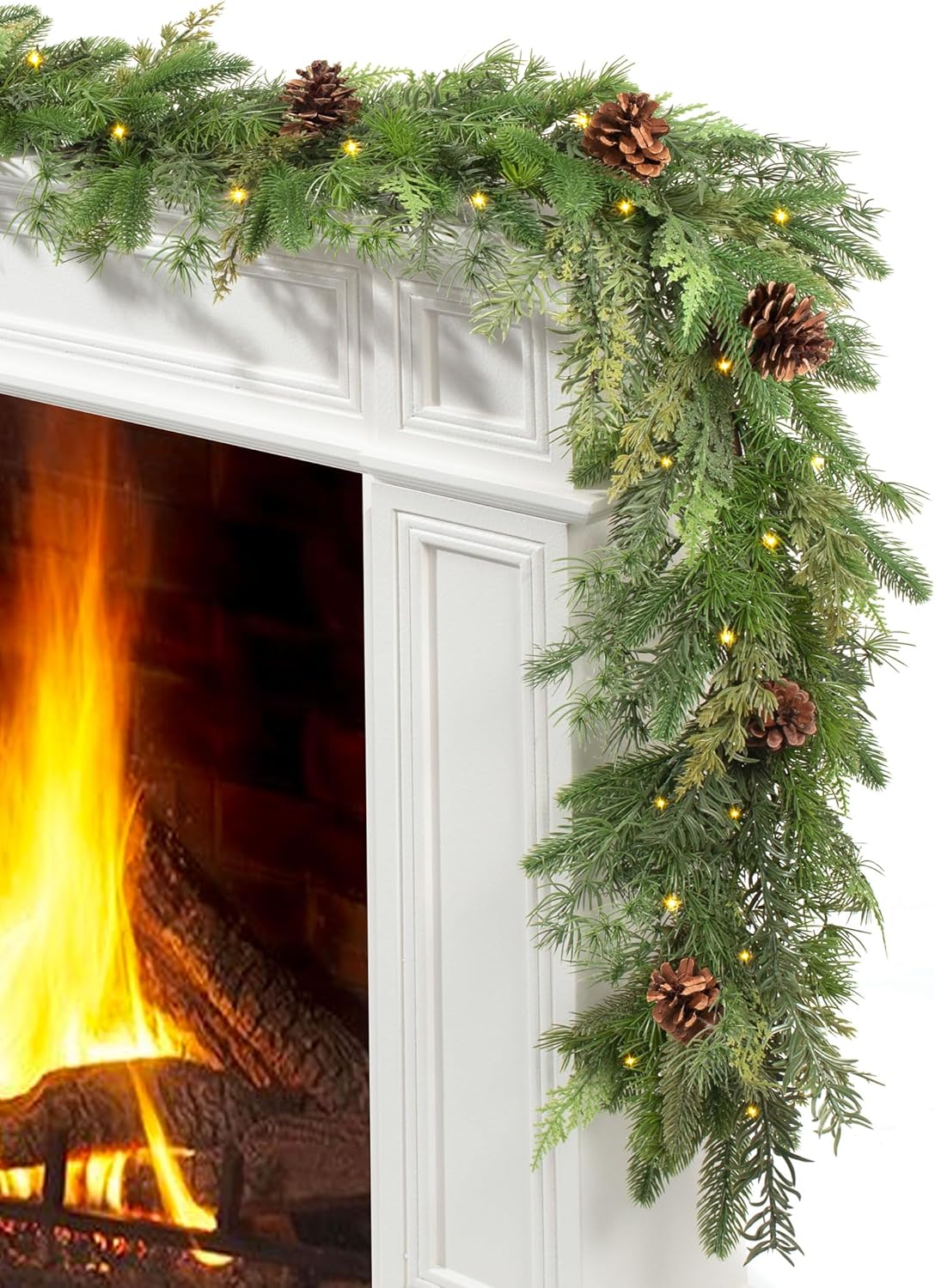 JOJOLEE 72inch Pre-Lit Christmas Garland with Timer Lights, Battery Operated Mixed PE Pine Greenery Garland with Natural Pine Cones, Realistic Evergreen Holiday Mantle Fireplace Stair Doorway Décor Evergreen Pine Garland 6FT