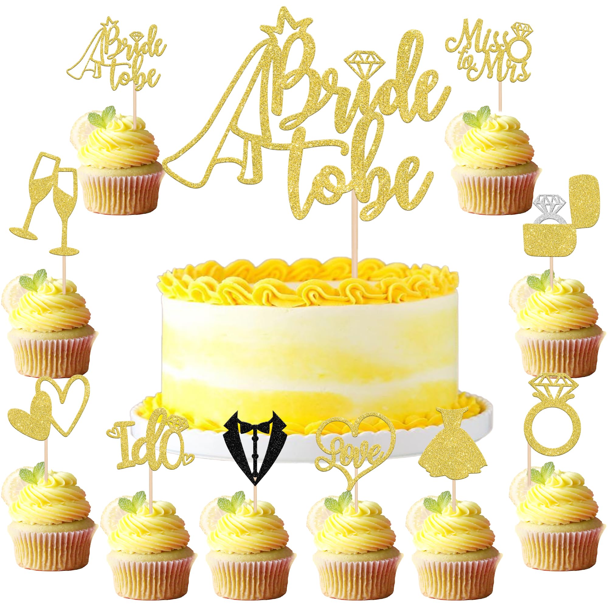 21 Stück Bride to Be Tortendeko Glitzer Hochzeit Cupcake Toppers Liebe Herz Diamant Ring Cake Topper Braut und Bräutigam Kuchen Deko für Verlobung Hochzeiten Thema Party Kuchen Dekorationen Gold