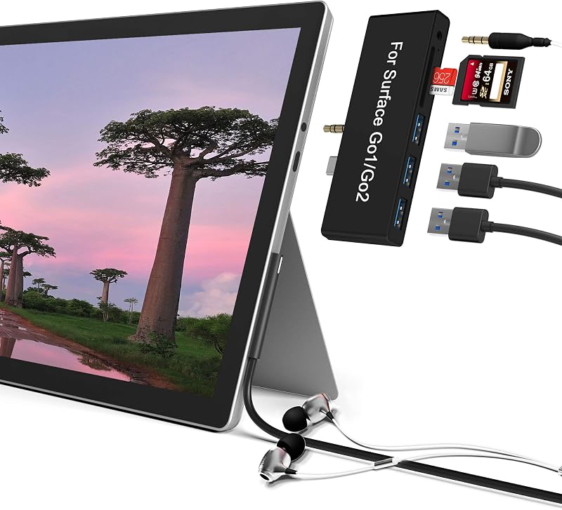 Surface Go Hub, 6-in-2 USB C Surface Go Docking Station with USB 3.0+2 USB2.0 Ports, 3.5mm Earphones Jack,SD/TF Card Reader