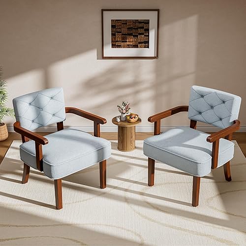 Miniatura 16 de Juego de 2 sillas decorativas modernas, butacas para la sala, silla con brazo pequeño de mediados de siglo, sillas tapizadas de madera con