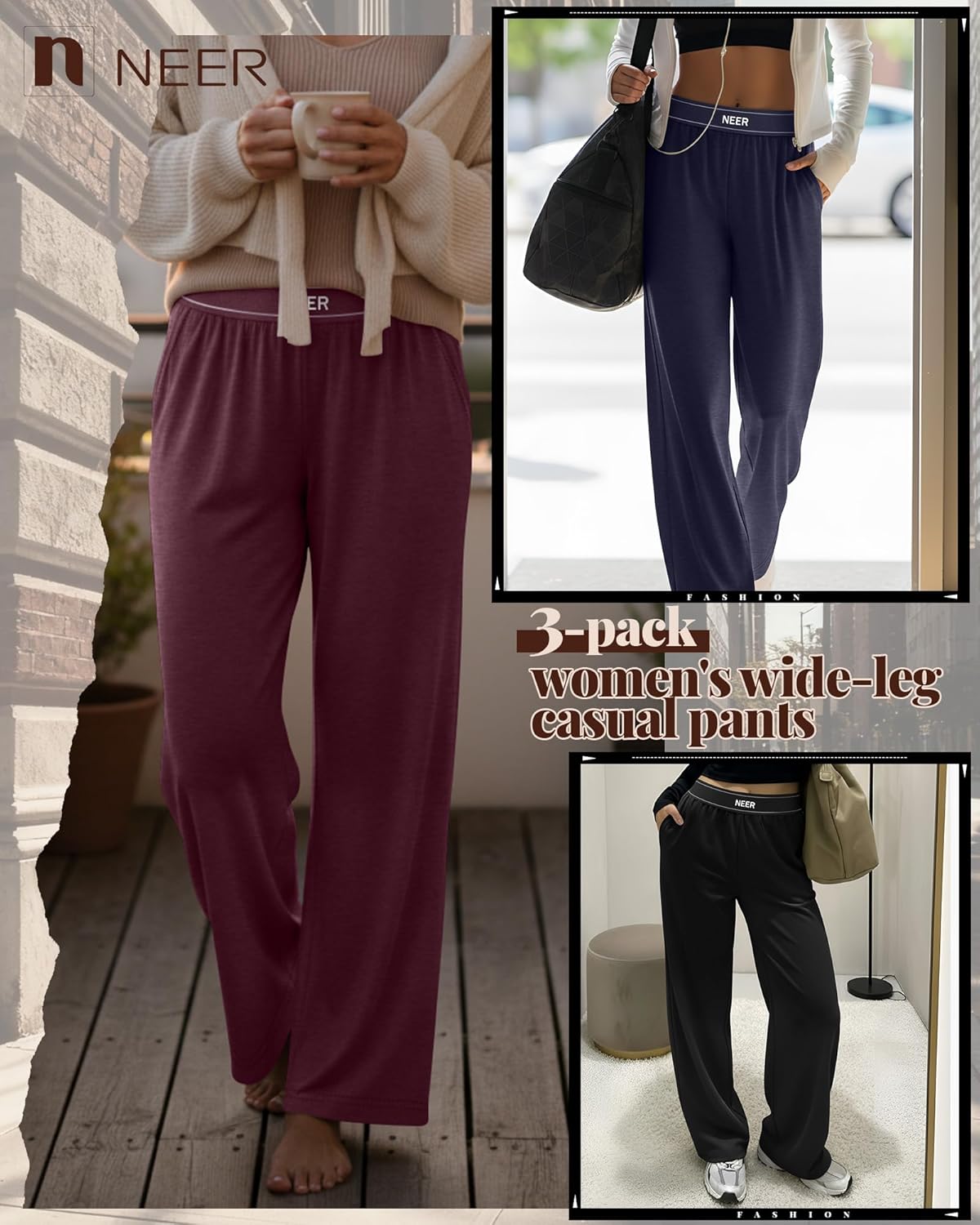 Neer 3 Pack Women's Cotton Lounge Pants High Waisted Wide Leg Yoga Pants Casual Comfy Athletic Loose Sweatpants with Pockets - Image 3