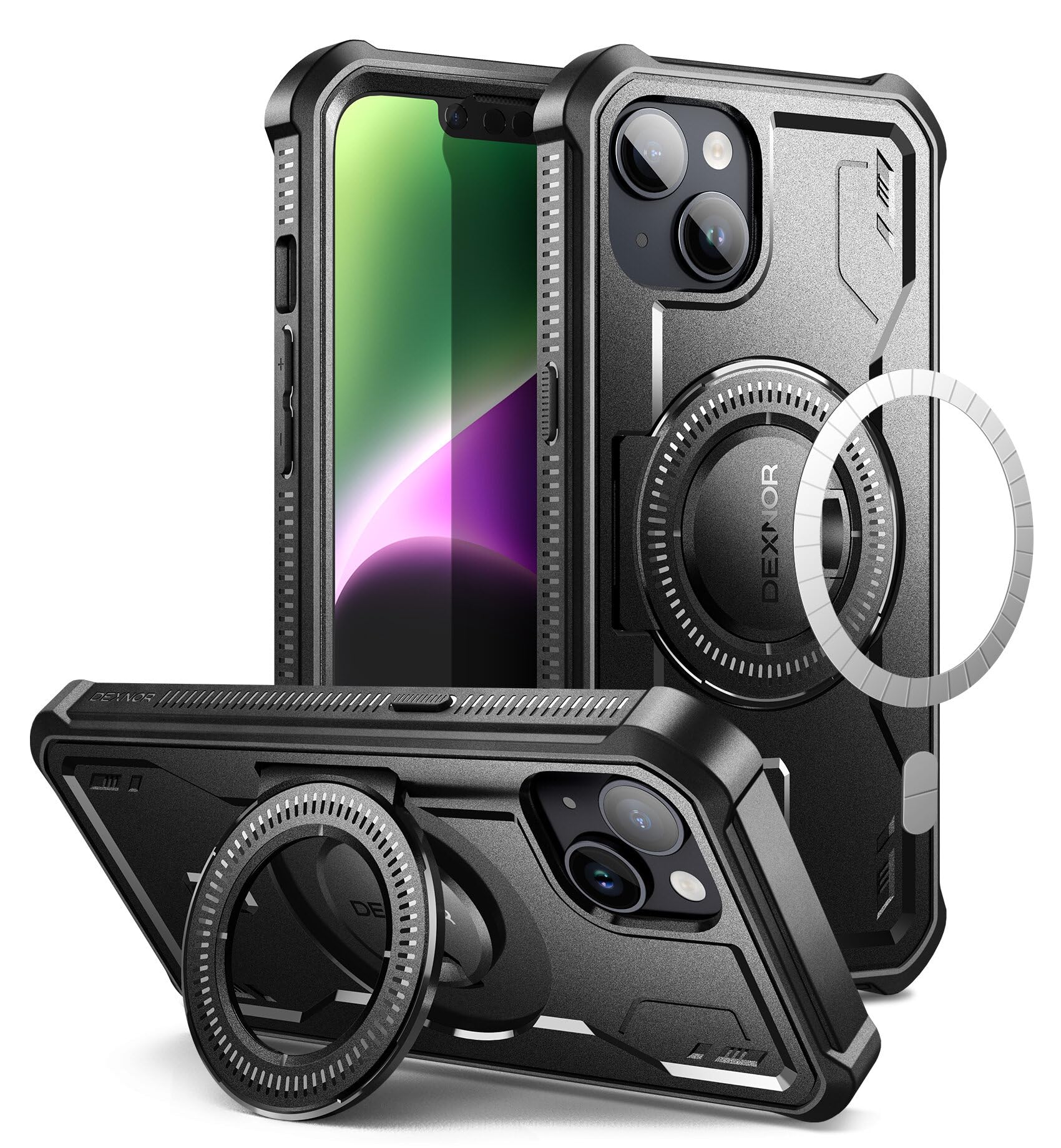 Dexnor for iPhone 13/14 Case Compatible for MagSafe[Built in Screen Protector and Kickstand]，Heavy Duty Military Grade Protection Shockproof Protective Cover for iPhone 13/14 - Black