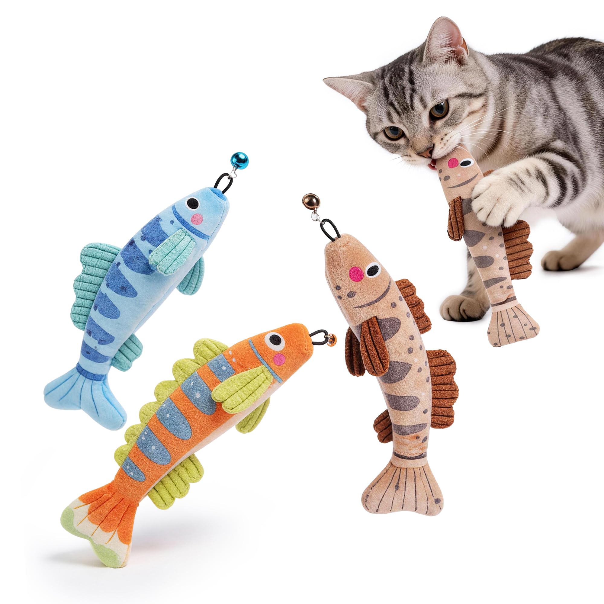 PURETOY Katzenminze-Spielzeug, extra großes Spielzeug für Indoor-Katzen mit abnehmbarer Glocke, 100% natürliche nordamerikanische Katzenminze, Schlenkerfisch, Katze, Knistergeräusch und weiche