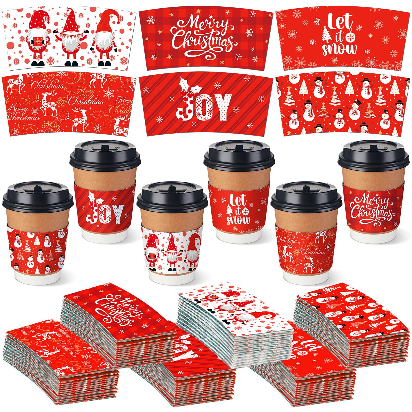 180 Pcs Christmas Coffee Tea Cup Sleeves Snow Merry Christmas Winter Disposable Paper Jacket Sleeves for 12 and 16 oz Cups Holiday Tea Cup Paper