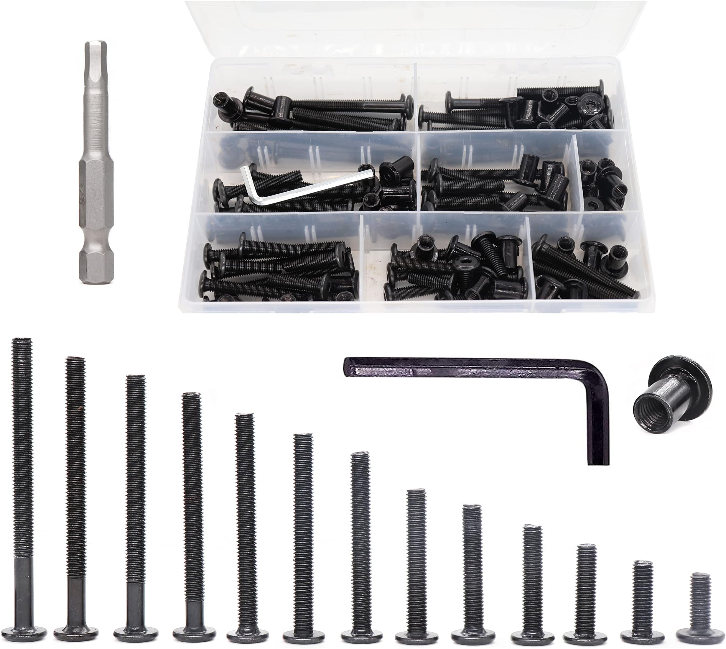 binifiMux 114pcs Black M6 Hex Drive Socket Cap Bolts Assortment Kit, Allen Head Countsunk Furniture Crib Connecting Bolts Nuts Kit, 14 Sizes from 15mm to 80mm