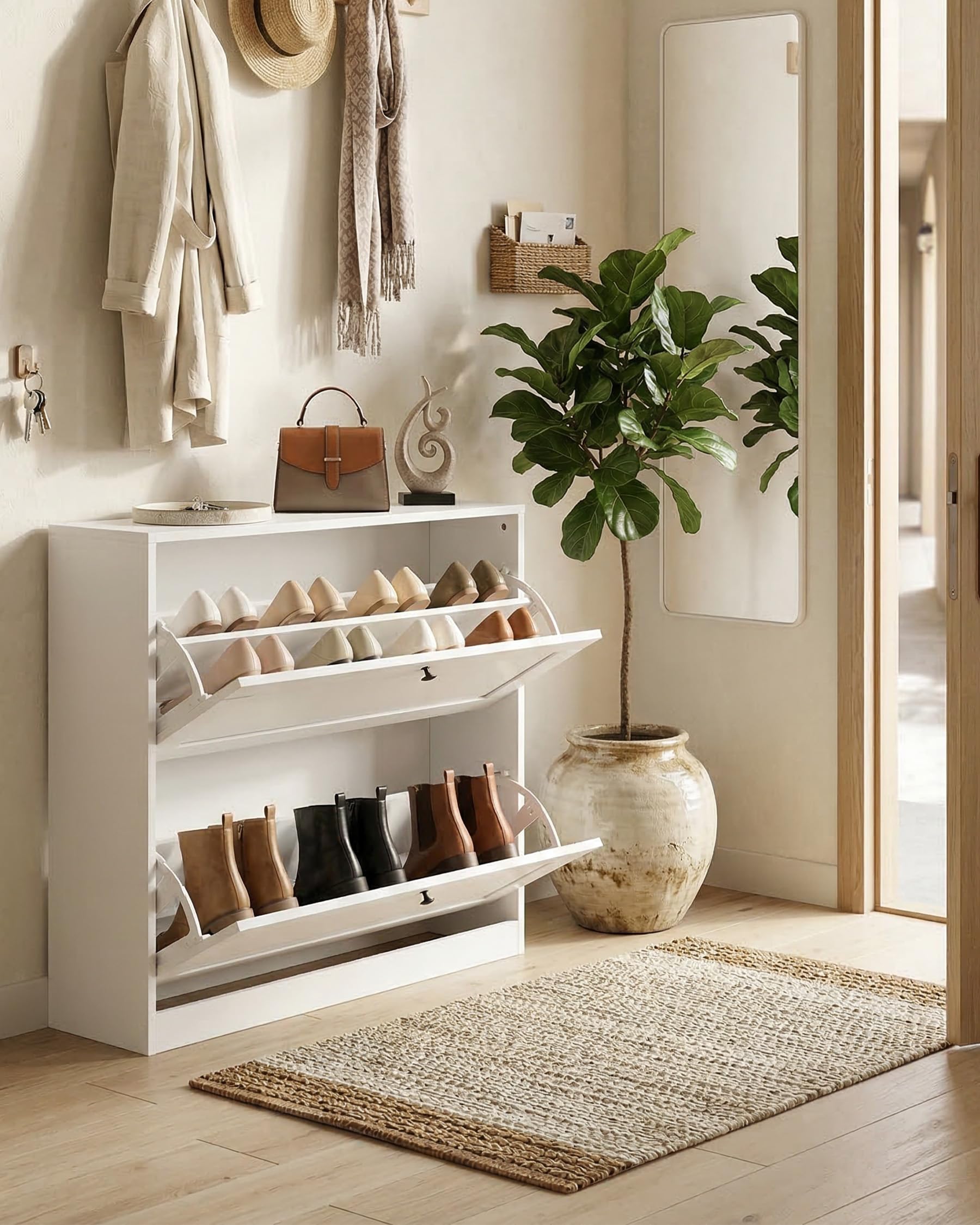 hitsuki Schuhschrank Weiß Schuhkipper Klein mit 2 Klappen, Schuhschrank Schmal mit Trennwände Verstellbar und Abnehmbar, Shoe Cabinet für Diele, Flur, Garderobe 80x24x80 cm Küche, Haushalt & Wohnen