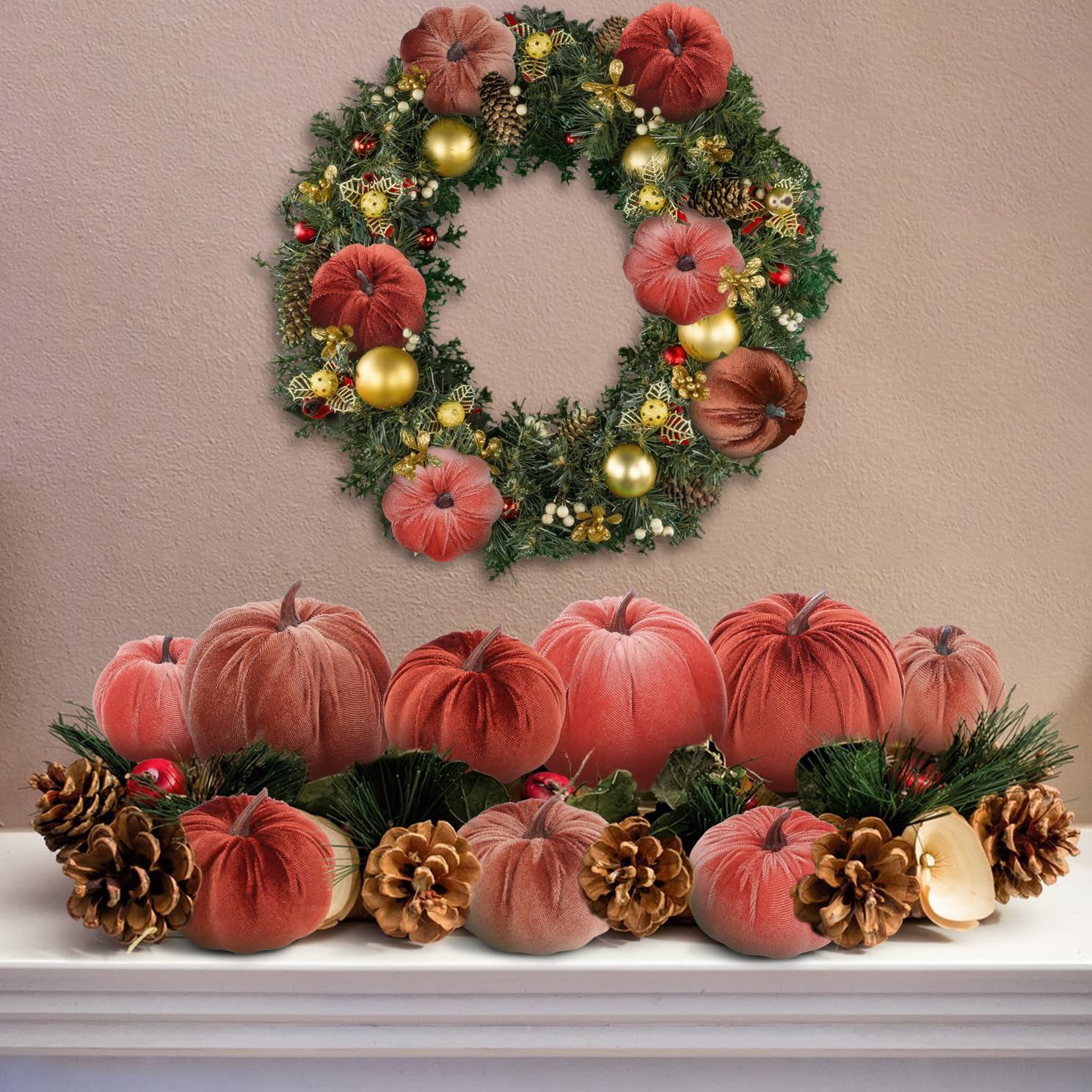 Woration 18pcs Pumpkin Decor Mix Size Artificial Fake Faux Velvet Foam Fabric Pumpkins Decoration for Fall Home Farmhouse Harvest Thanksgiving Decorative