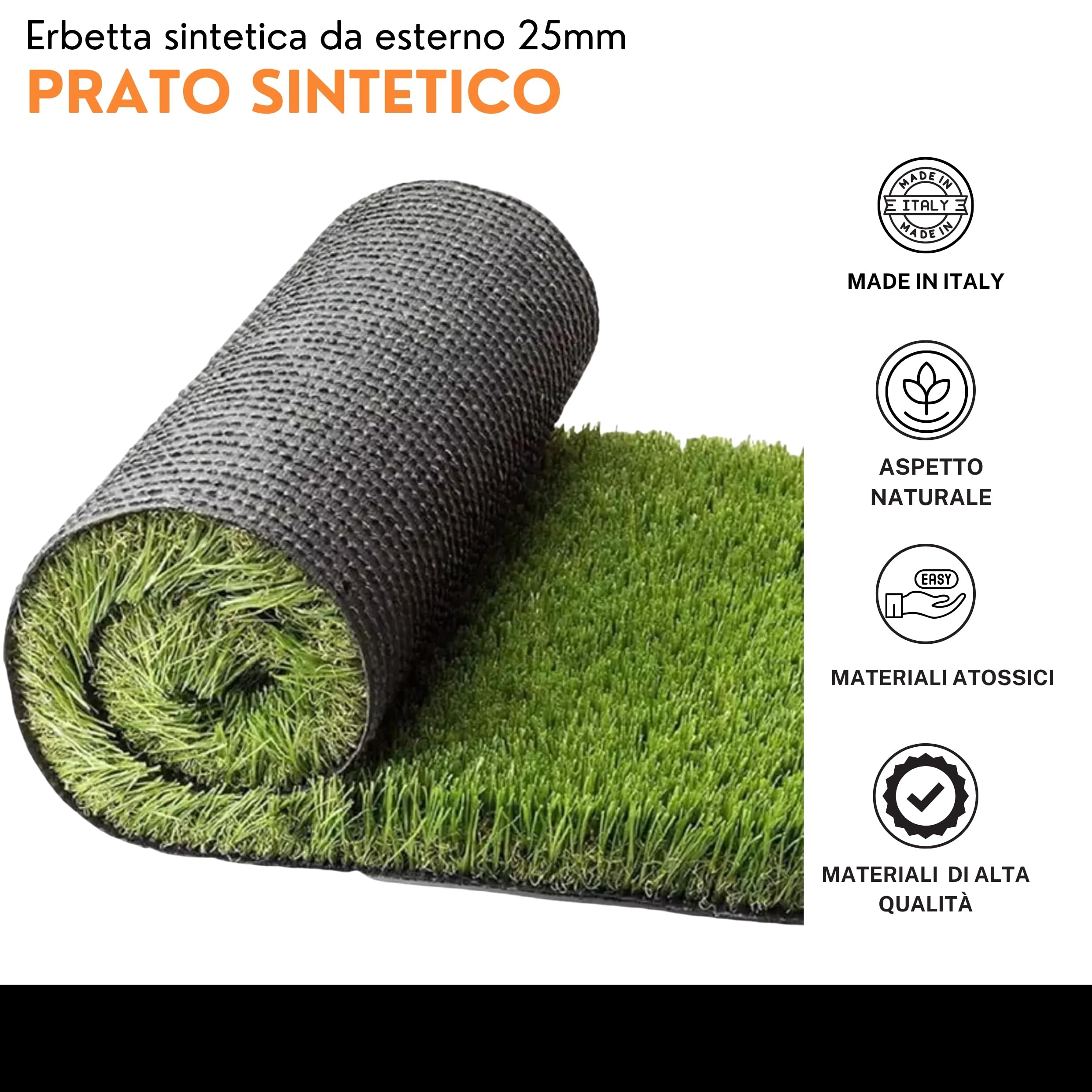 Prato Sintetico Erba Finta da Esterno Giardino Realistica Tappeto Erboso 25 mm Anti UV Atossico Drenante Ideale per Piscina,Terrazzo,Aree Giochi (1x1mt)
