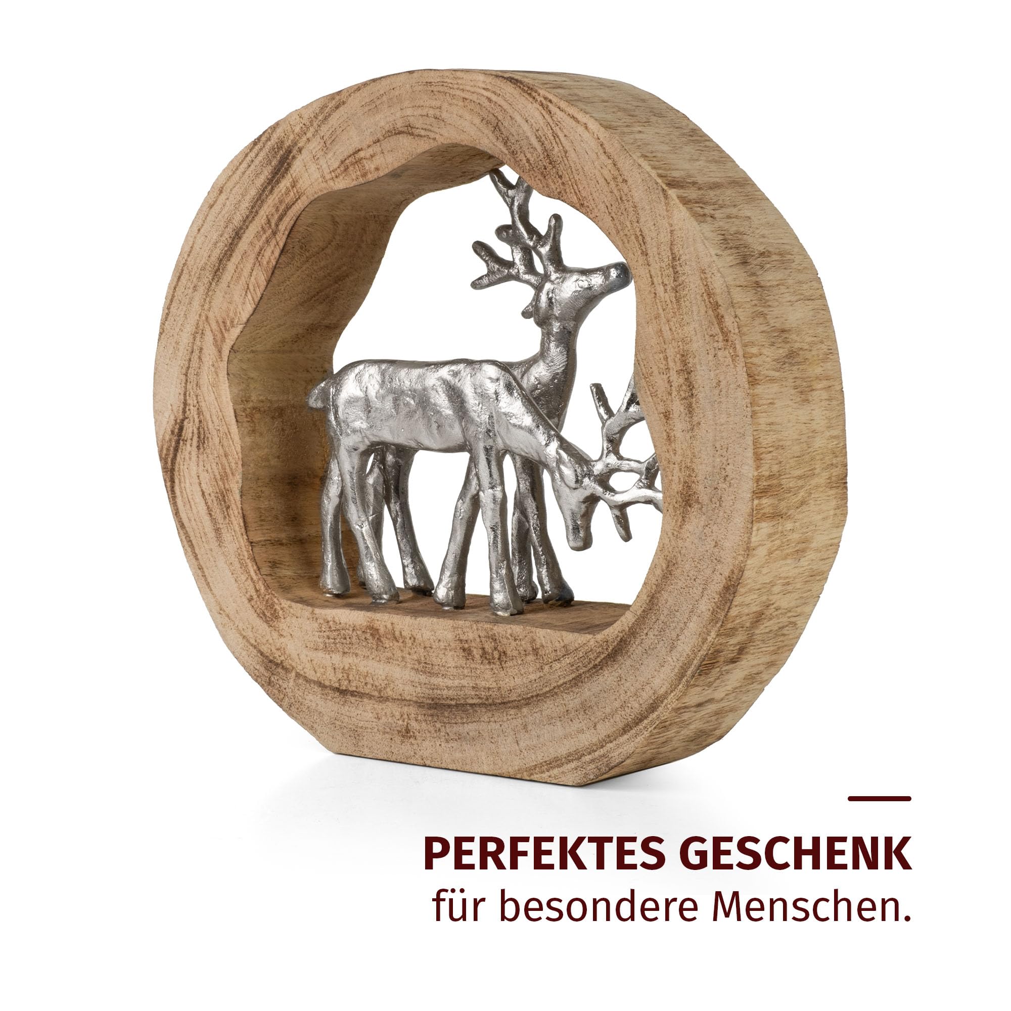 Moritz Dekofigur Rentiere im Holzring aus Mangoholz und Aluminium 27,5 cm Moderne Holzskulptur mit Zwei Rentieren für Tisch Kommode oder Fensterbank Handarbeit Unikat im natürlichen Design