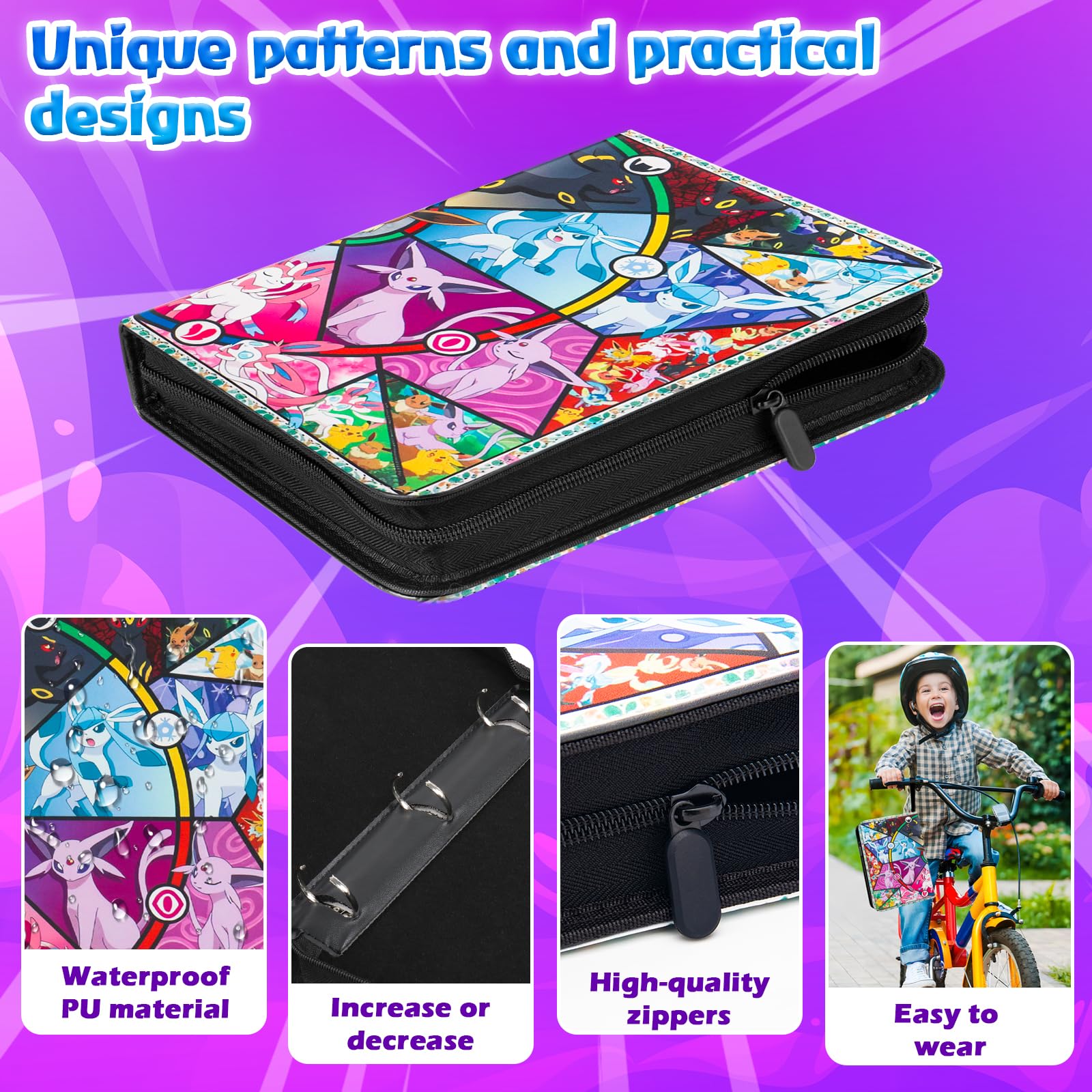Card Binder 4 Pocket 50 Pages 400 Pockets Trading Card Binder,Portable Waterproof PU Card Binder Folder,Collectible Card Album This is the perfect for boys and girls - Image 2