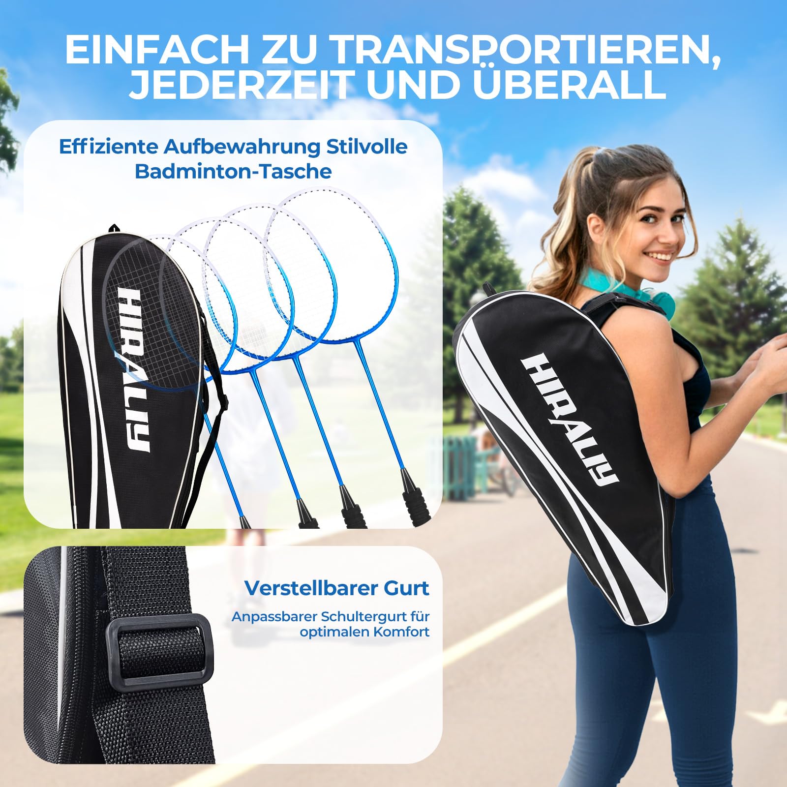 HIRALIY Badminton Schläger für Spiele im Freien, leichtes Federball 4er-Set für Kinder & Erwachsene & Anfänger, inklusive 4 Schläger, 12 Nylon-Federbälle, 4 Ersatz-Griffbänder, 1 Tragetasche