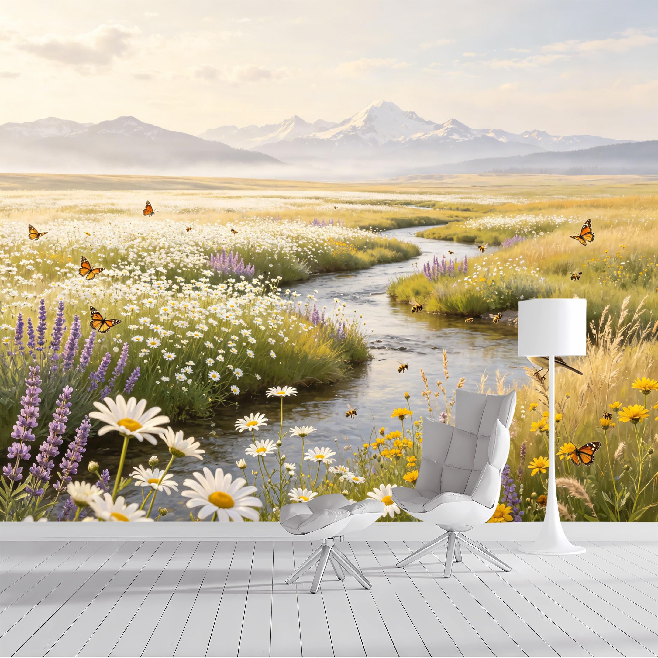Custom Size Wall Mural Meadow Stream Butterflies Bees Mountain Landscape Watercolor SelfAdhesive Wall Fabric Removable Peel and Stick Wallpaper Wall Decor for Living Room Bedroom Bathroom