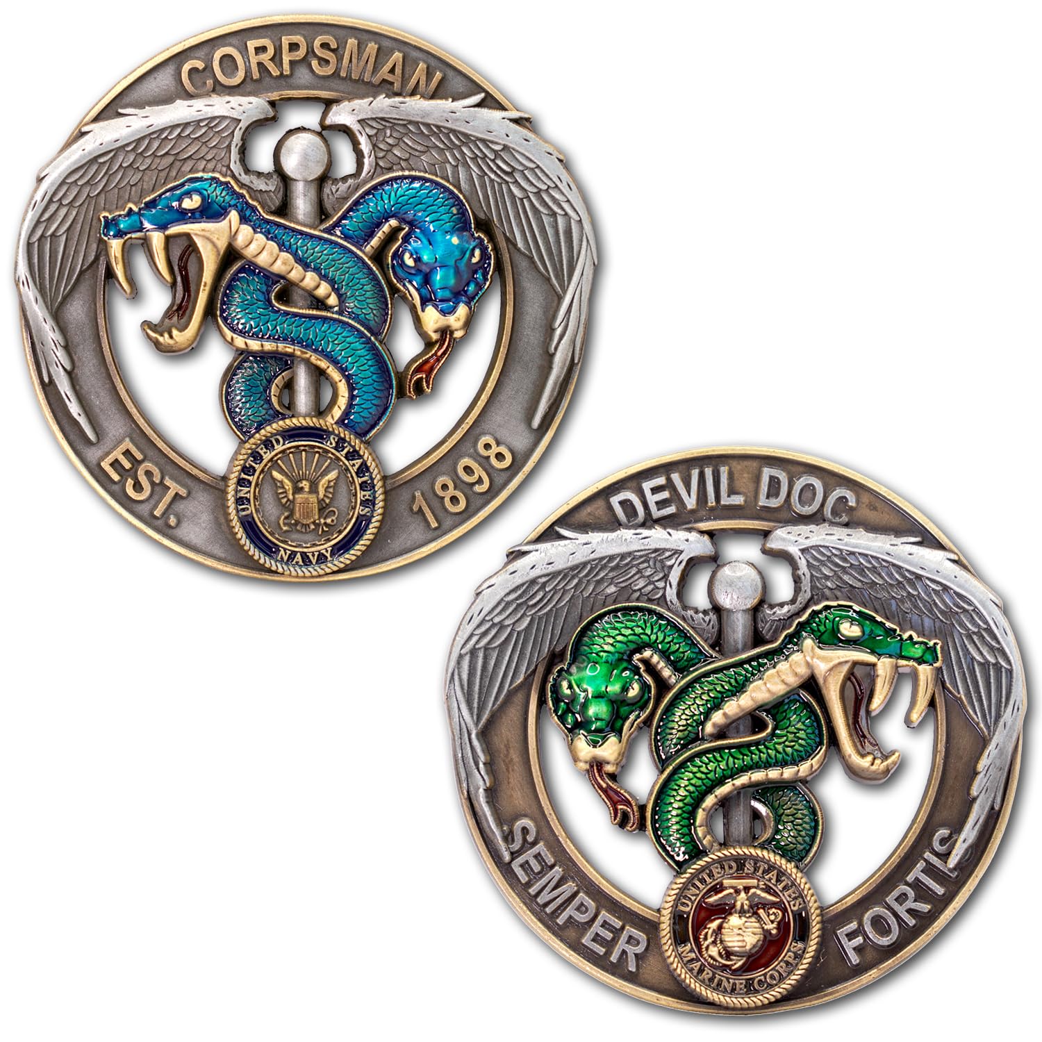 US Navy Corpsman Devil Doc Green Blue Caduceus Flip Collectible Challenge Coin