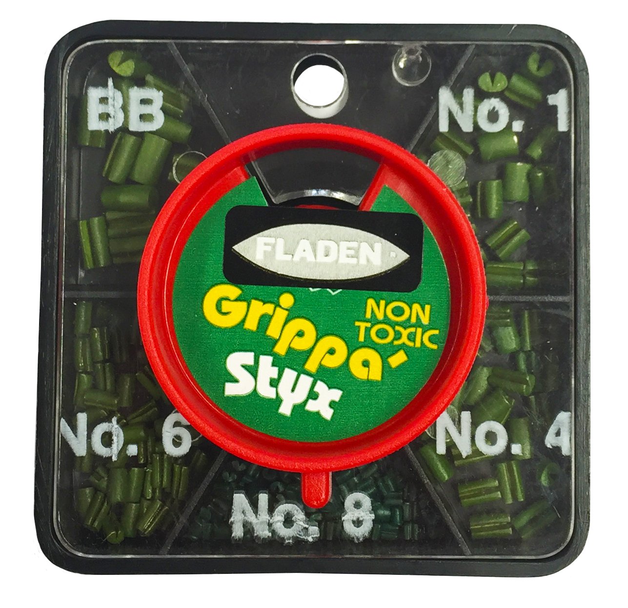FLADEN Fishing Non Toxic Grippa-Styx Fishing Weights Dispenser ALGAE GREEN or MUD BROWN - 5 Comp Sizes BB No.1 No.4 No.6 No.8 (Green Algee) [35-T5GSG]