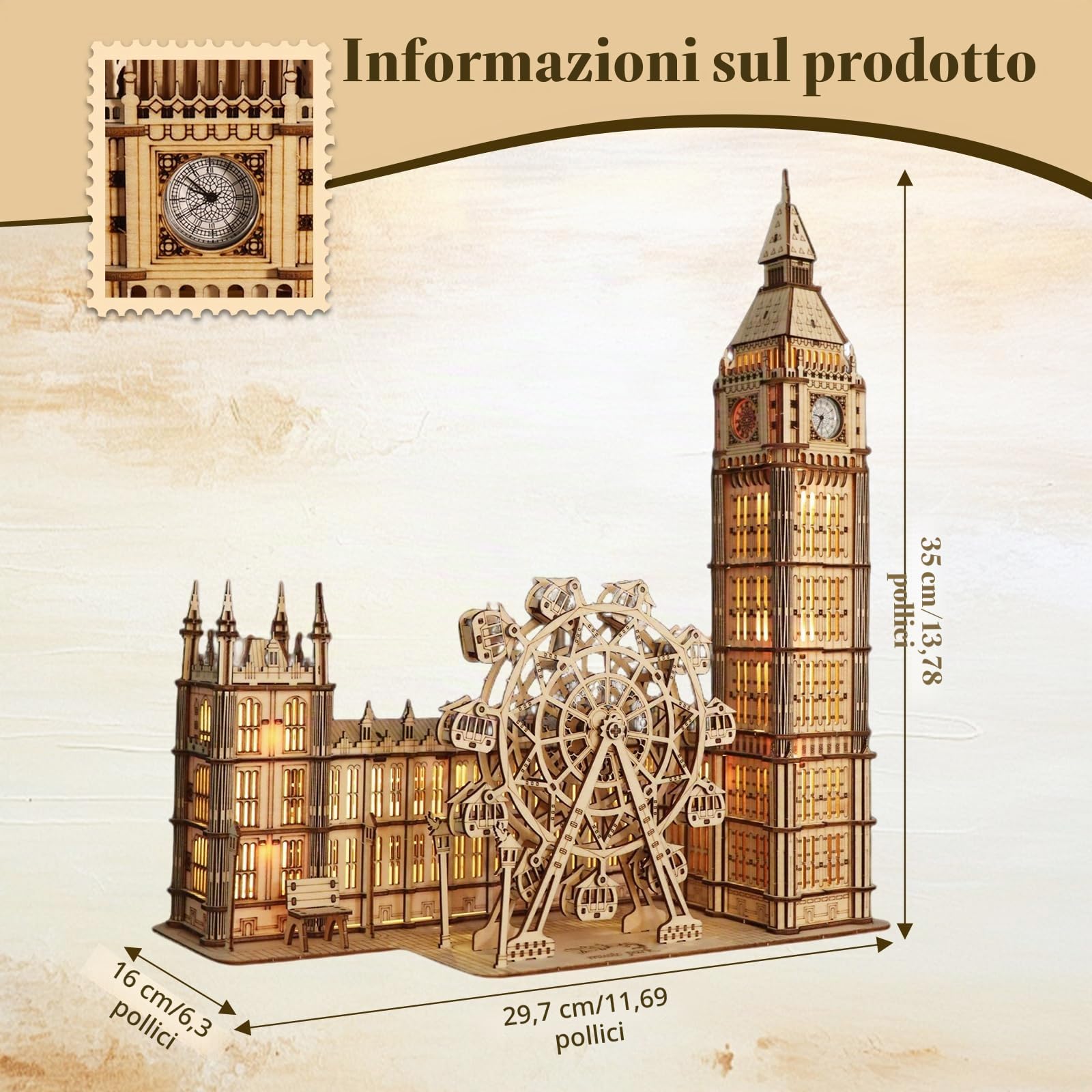 Puzzle 3D in legno Big Ben con orologio funzionante - Kit modello da 306 pezzi per adulti - Non richiede colla - Fai da te con ruota panoramica mobile - Decorazione per ufficio e soggiorno
