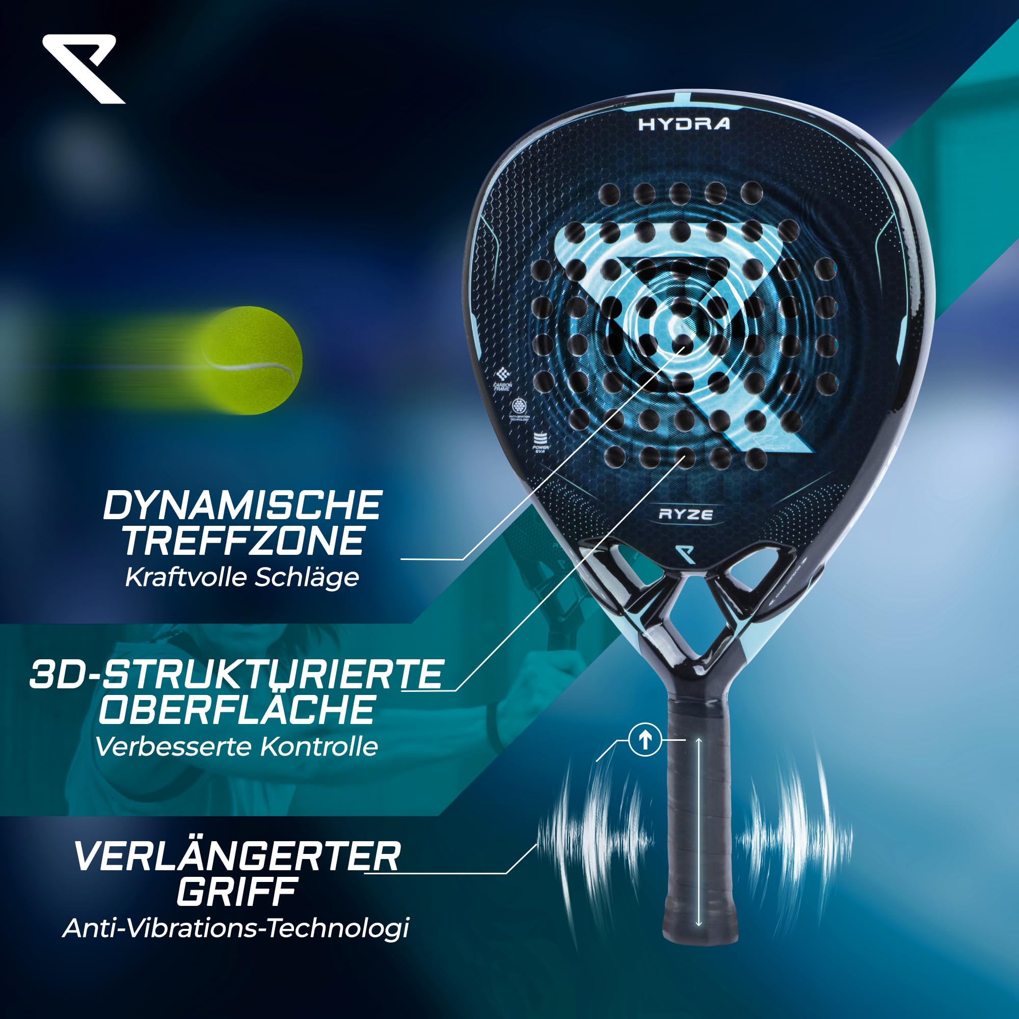 RYZE Hydra Padel Schläger aus 100% Kohlefaser - Maximale Power, Kontrolle & Präzision - 365g mit EVA-18 Schaum - Unisex Padelschläger für Männer & Frauen - Padel Racket Set mit kostenloser Hülle