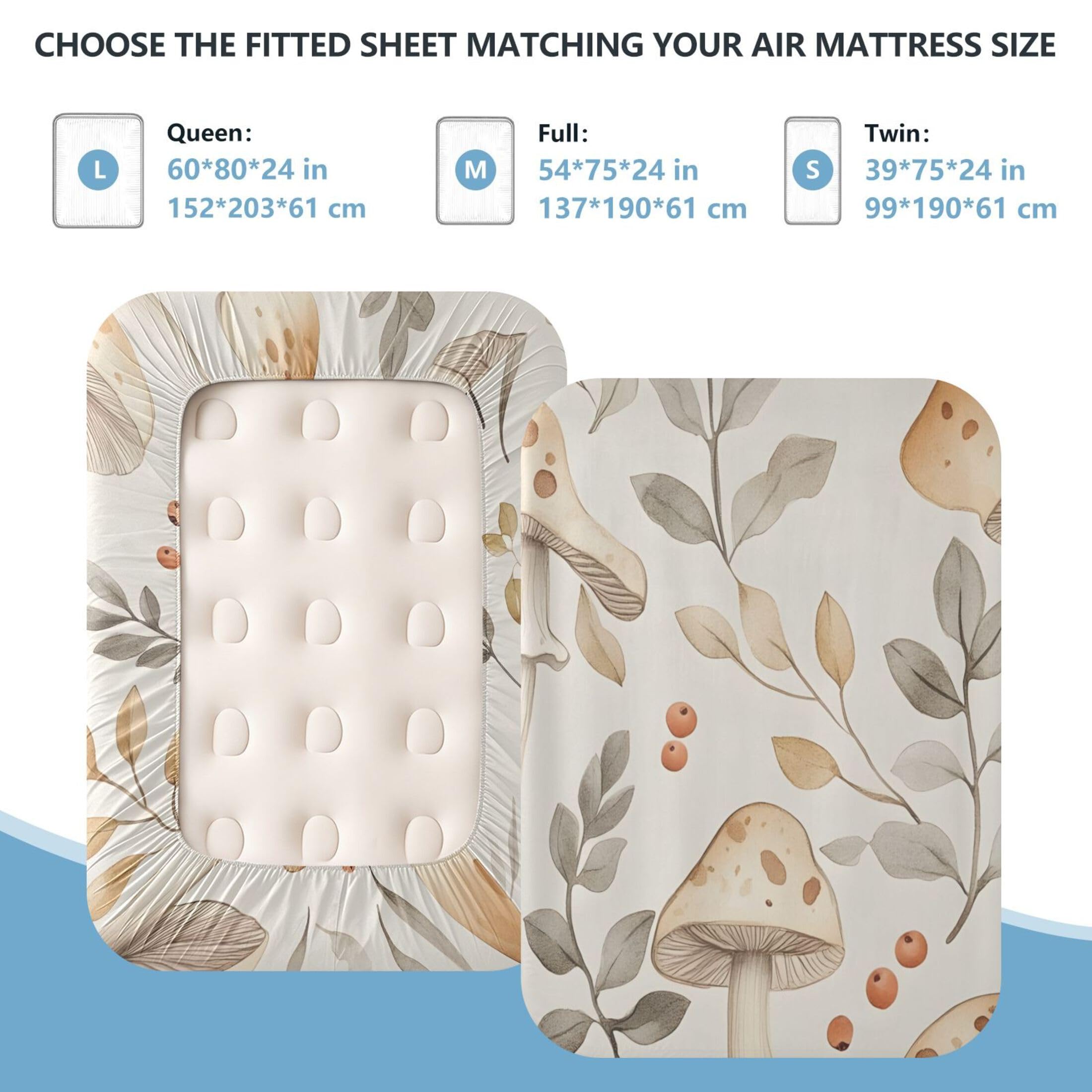Sábana bajera ajustable individual con diseño de hongos de acuarela para colchón de aire, bolsillo extra profundo de 24 pulgadas, funda suave y transpirable con apertura de válvula de