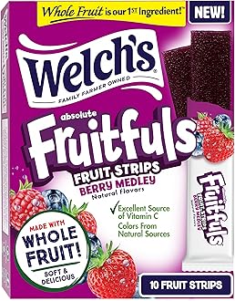 Welch’s Absolute Fruitfuls Fruit Strips, Tasty Dried Fruit Snacks for School Lunches, Berry Medley, 0.5oz (Pack of 10)