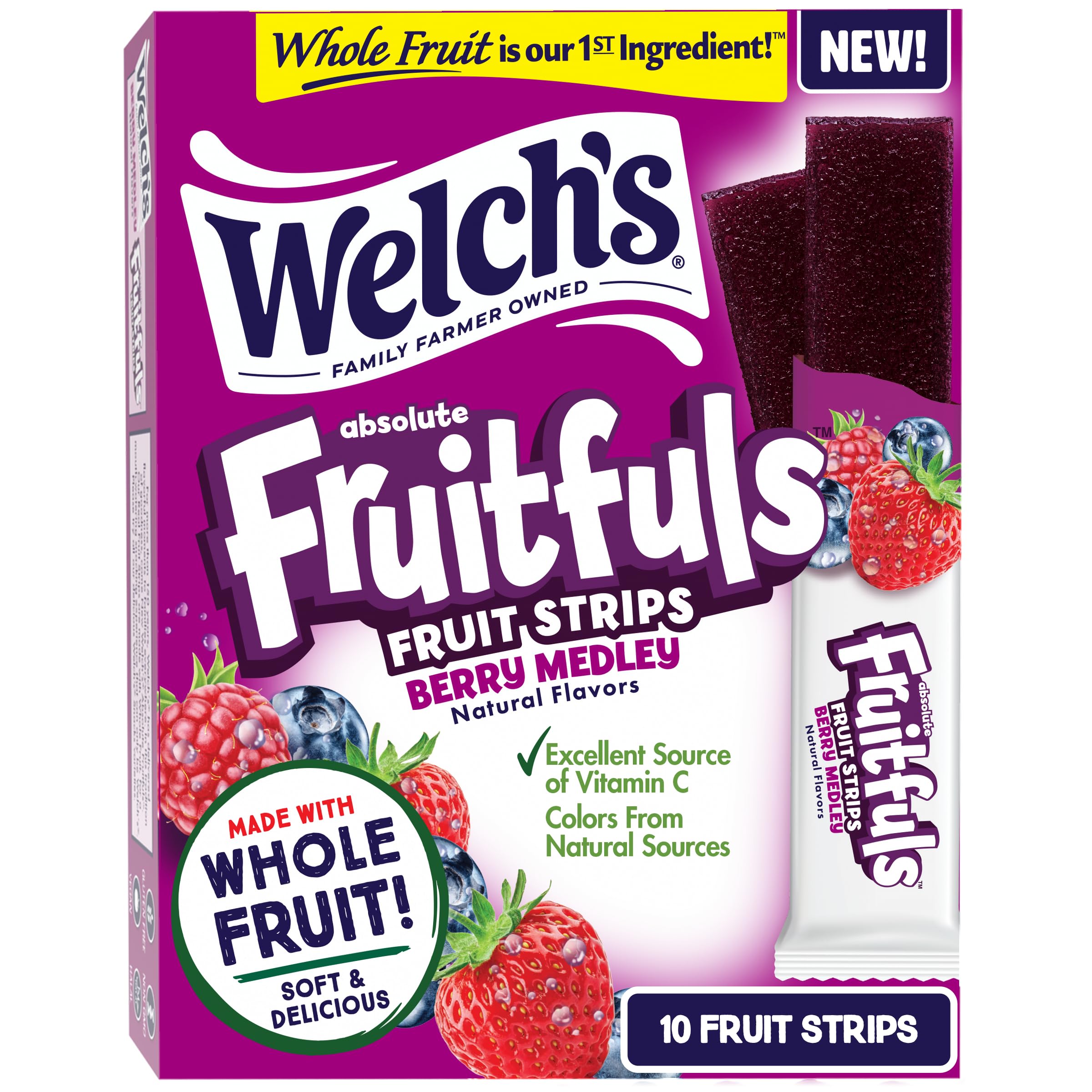 Welch’s Absolute Fruitfuls Fruit Strips, Tasty Dried Fruit Snacks for School Lunches, Berry Medley, 0.5oz (Pack of 10)