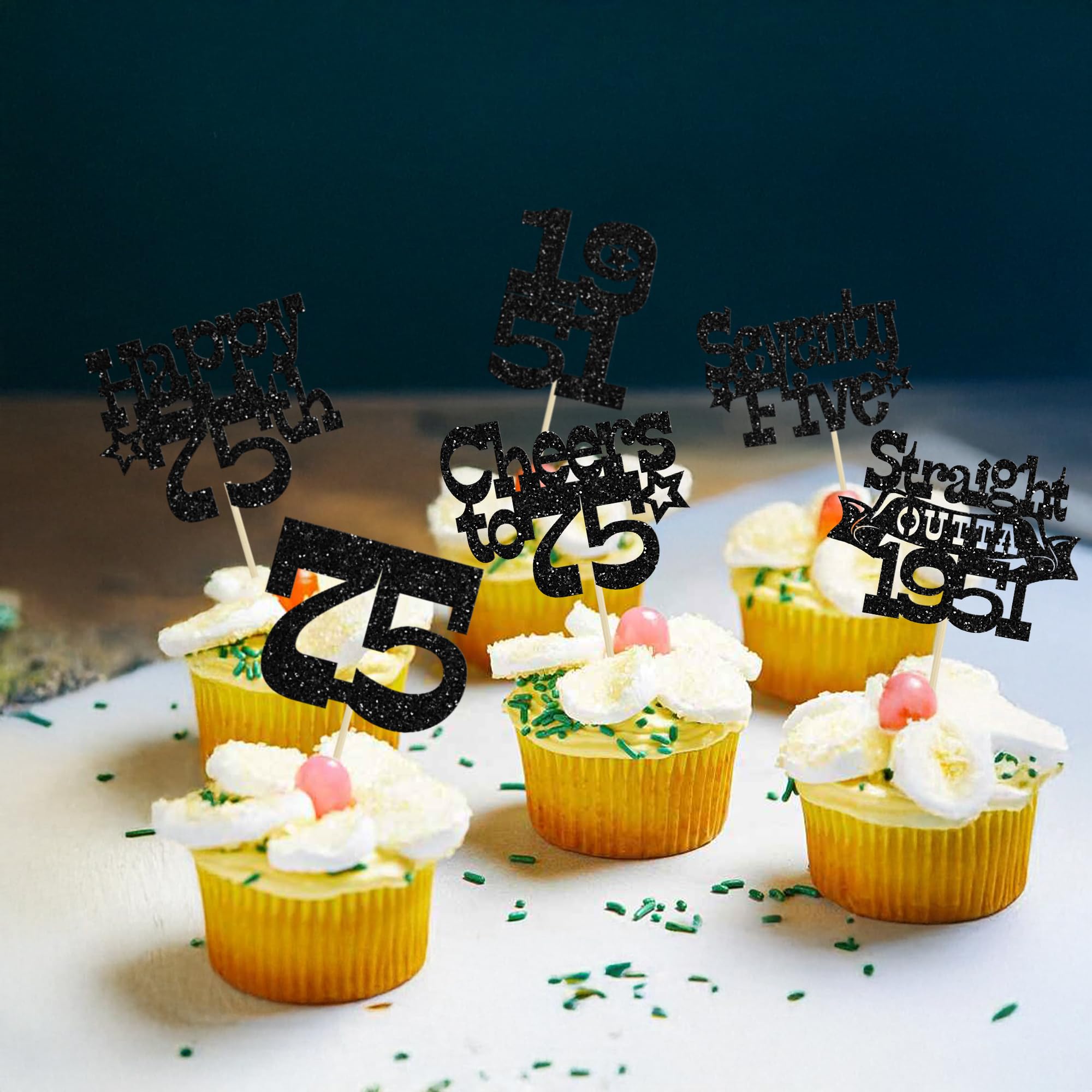 Ephlyn 30Pcs Straight Outta 1951 Cupcake Toppers Glitter Seventy Happy 75th Birthday Cupcake Picks Cheers to 75 Years Cake Decorations for Happy 75th Birthday Anniversary Party Supplies Black - Image 6