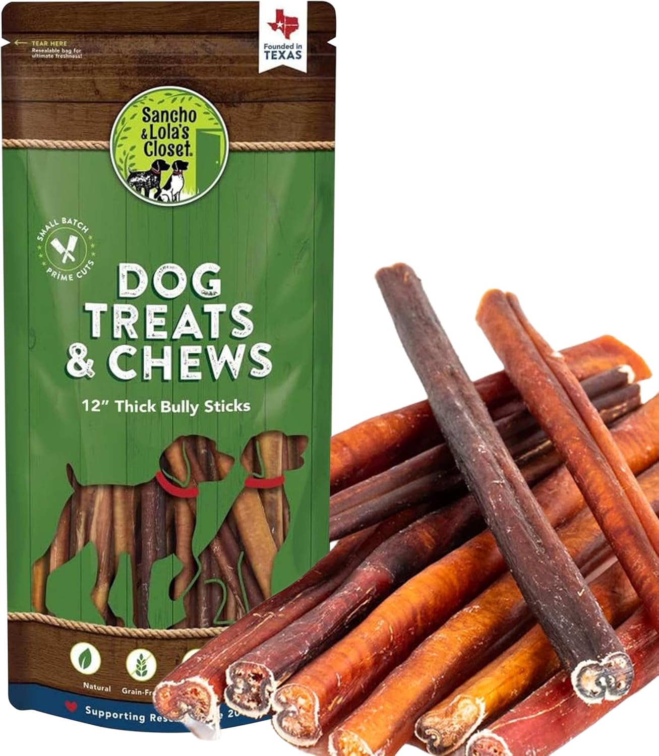 Supreme 12-inch Standard Bully Sticks by Sancho and Lola’s (10 Pack) All-Natural, Long-Lasting Dog Chew Treats - Free-Range, Grass-Fed Beef - Low Odor