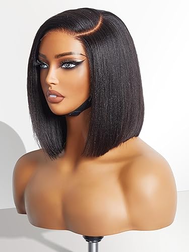 LUVME HAIR Peluca de cabello humano lacio Yaki ligero de 10 pulgadas, encaje HD indetectable sin pegamento, pelucas de cabello humano prearrancado,