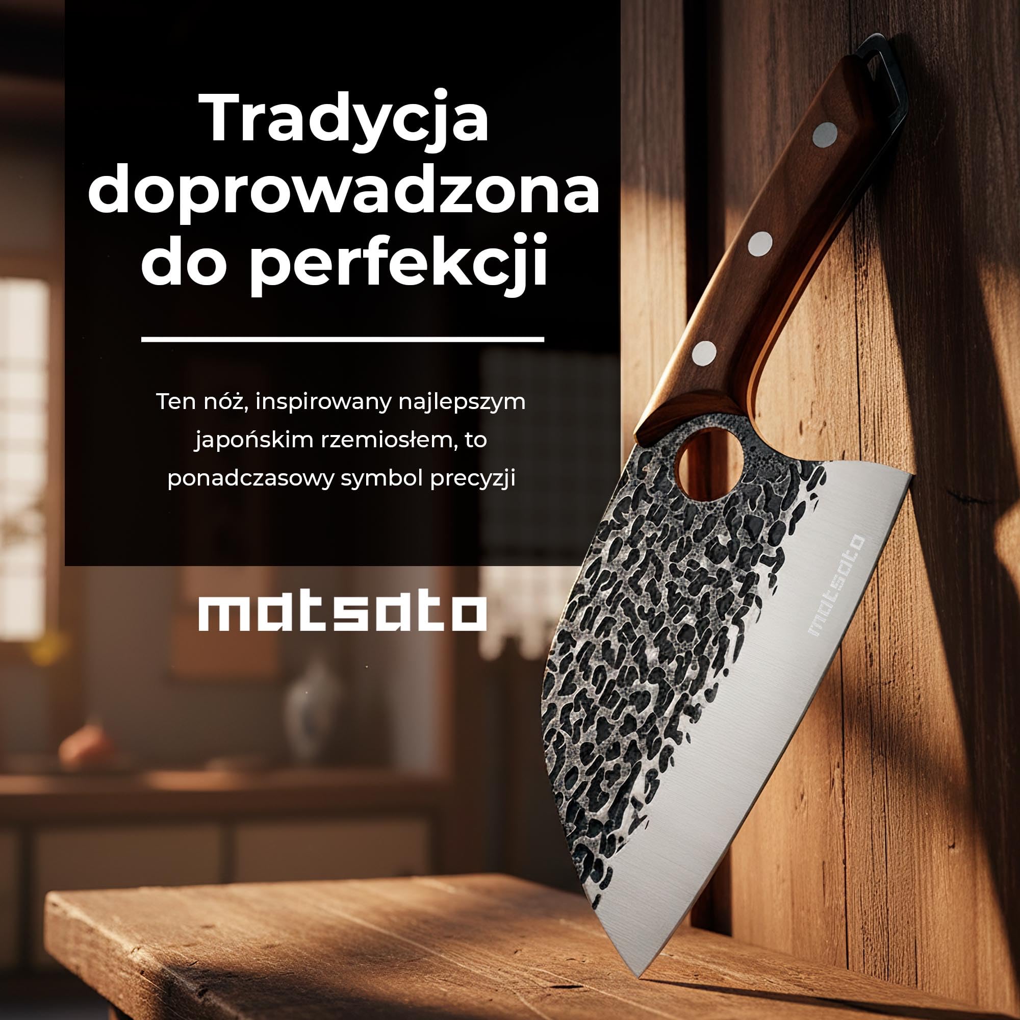 Matsato Zestaw 3 Noży Kuchennych Stal Nierdzewna Bukowy Uchwyt | Nóż szefa kuchni, nóż do mięsa, nóż uniwersalny. Rączka z drewna bukowego.