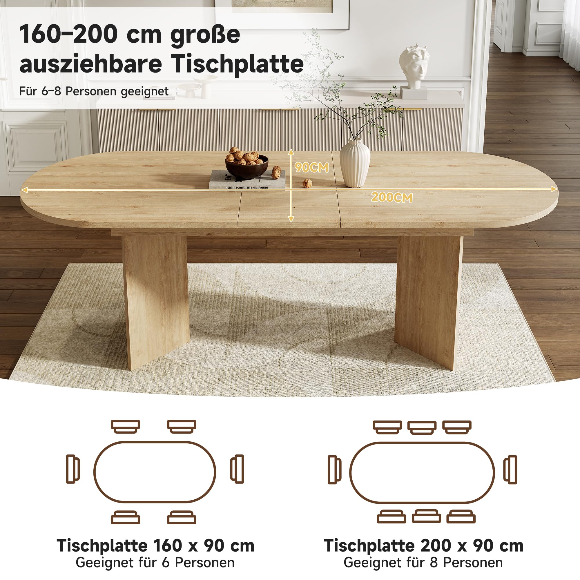 Rozkładany stół do jadalni dla 6-8 osób 160/200 x 90 cm okrągły narożnik pogrubiony dębowy blat prosty styl - idealny na rodzinne spotkania i rozrywkę