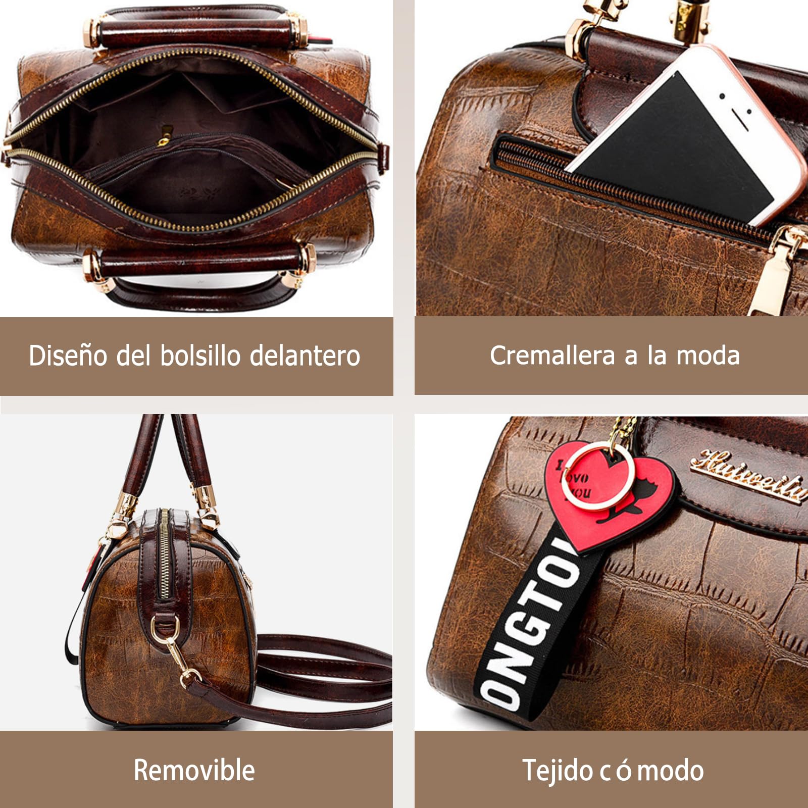 Moda Bolso Boston para Mujer Bolsos de Hombro Bandolera con Colgante Corazón PU Cuero Bolso de Mano Bolso Cruzados con Textura Piedra Elegante Tote para Trabajo Compras Citas Viajes Rojo